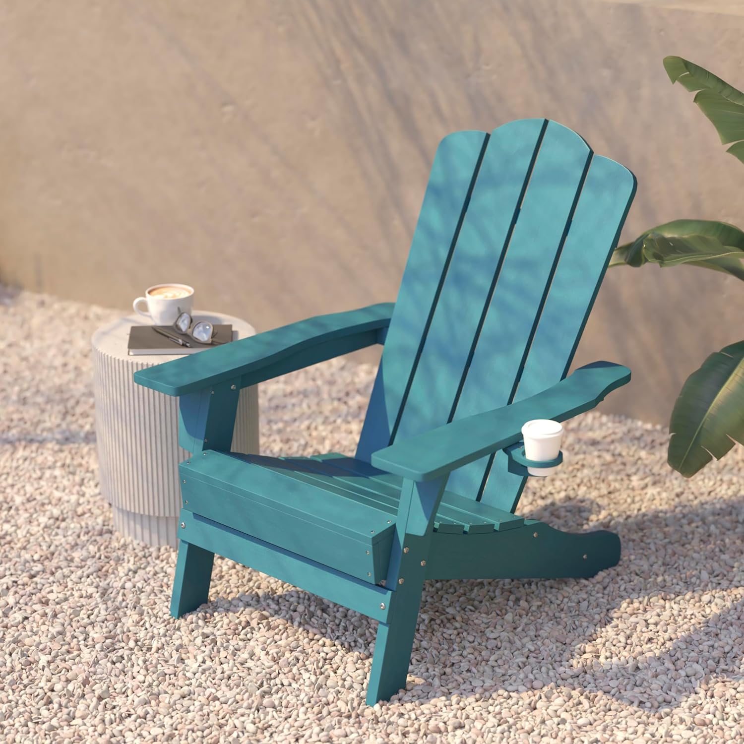 Flash Furniture Newport Adirondack Chair with Cup Holder, Weather Resistant Poly Resin Adirondack Chair, Blue