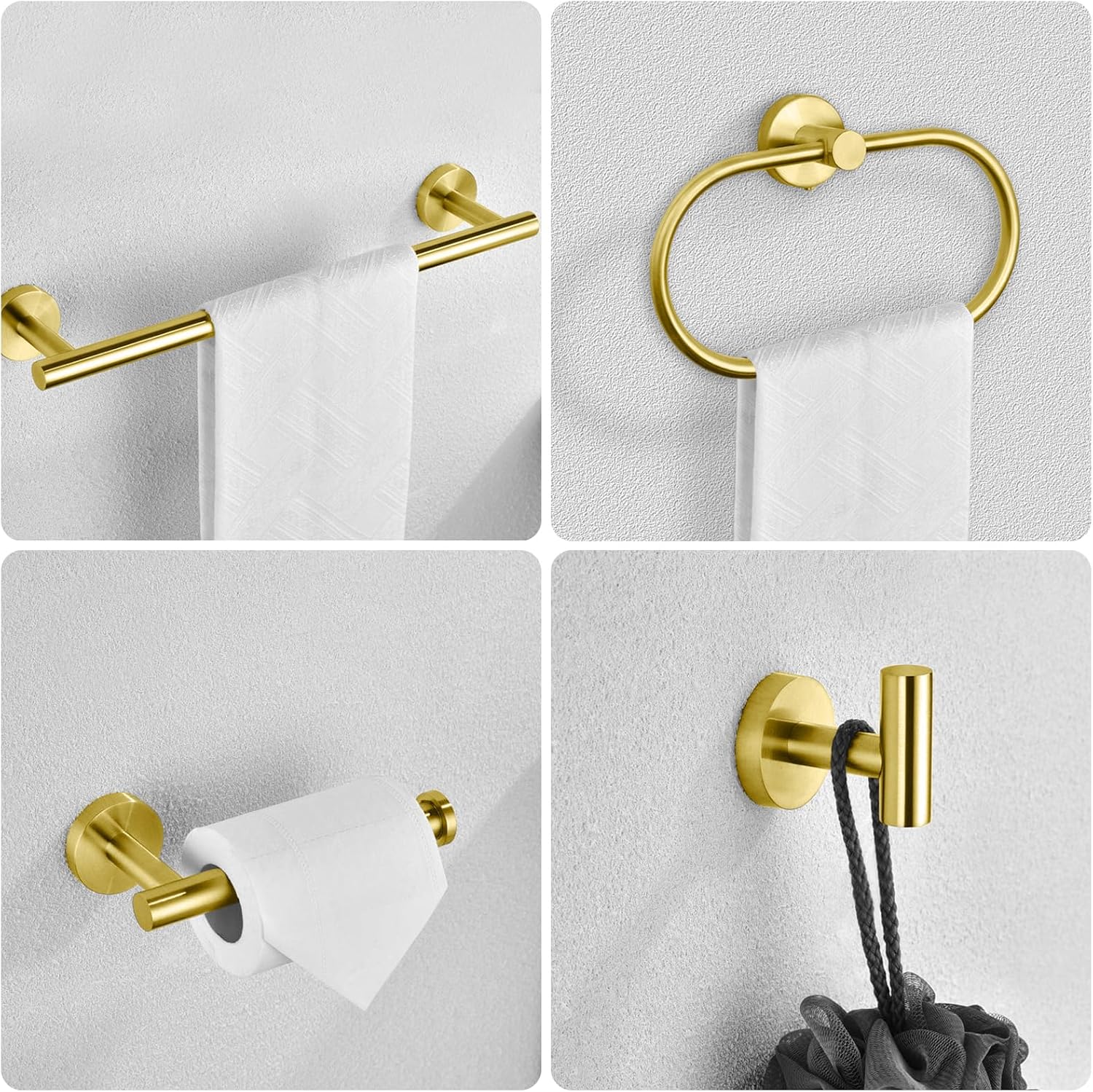 Bathroom Hardware Set, 7 Pcs Bathroom Towel Rack Stainless Steel Bath Hardware Kit Including 16" Hand Towel Bars, Toilet Paper Holders, Towel Rings, Robe Towel Hooks (Gold) - Image 3