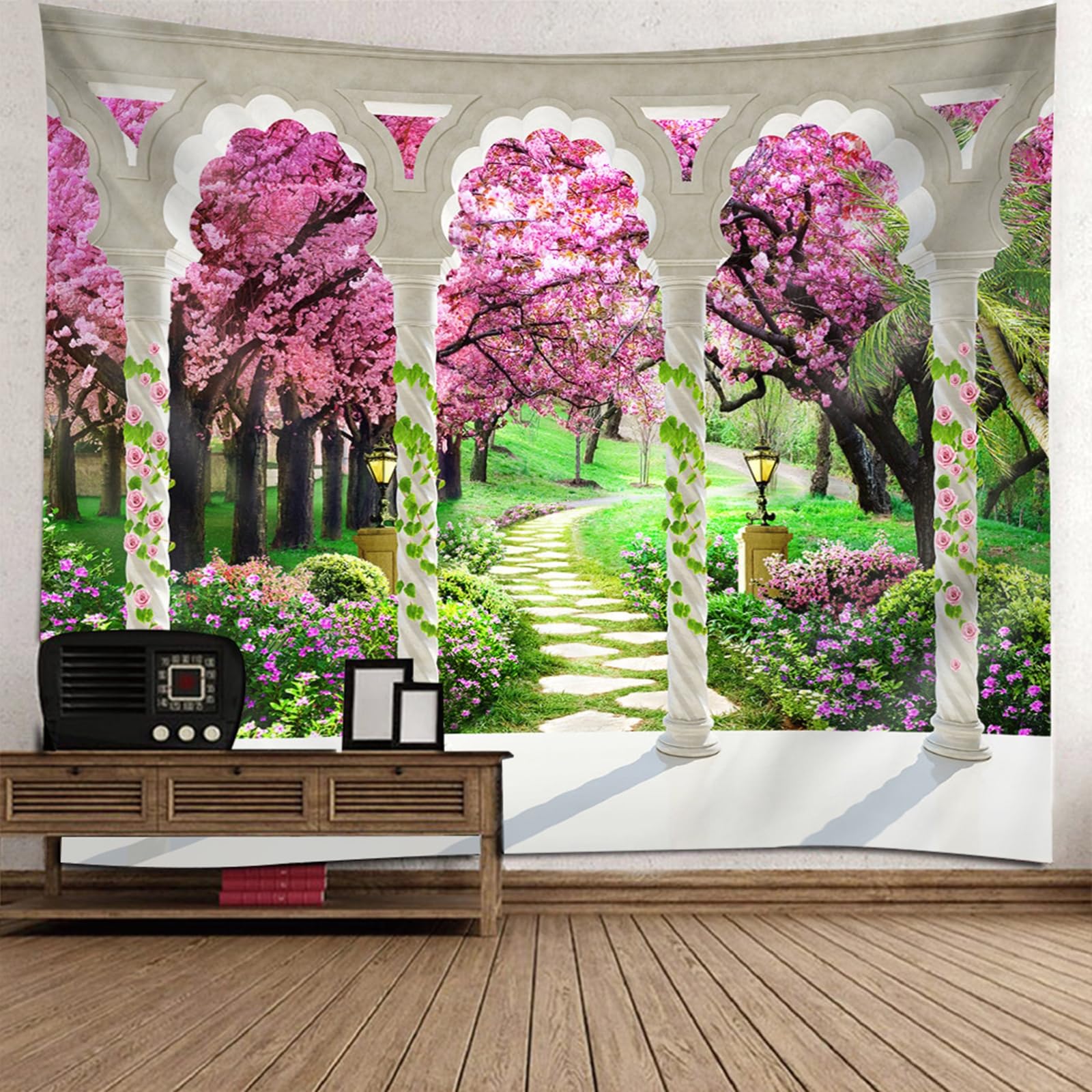 Gualiy Gobelin 200 x 200, chusta na ścianę, korytarz, do ogrodu, kwiatów, drzewa, krajobrazu, dywan ścienny do salonu, sypialni, dekoracja ścienna, różowa, zielona, biała