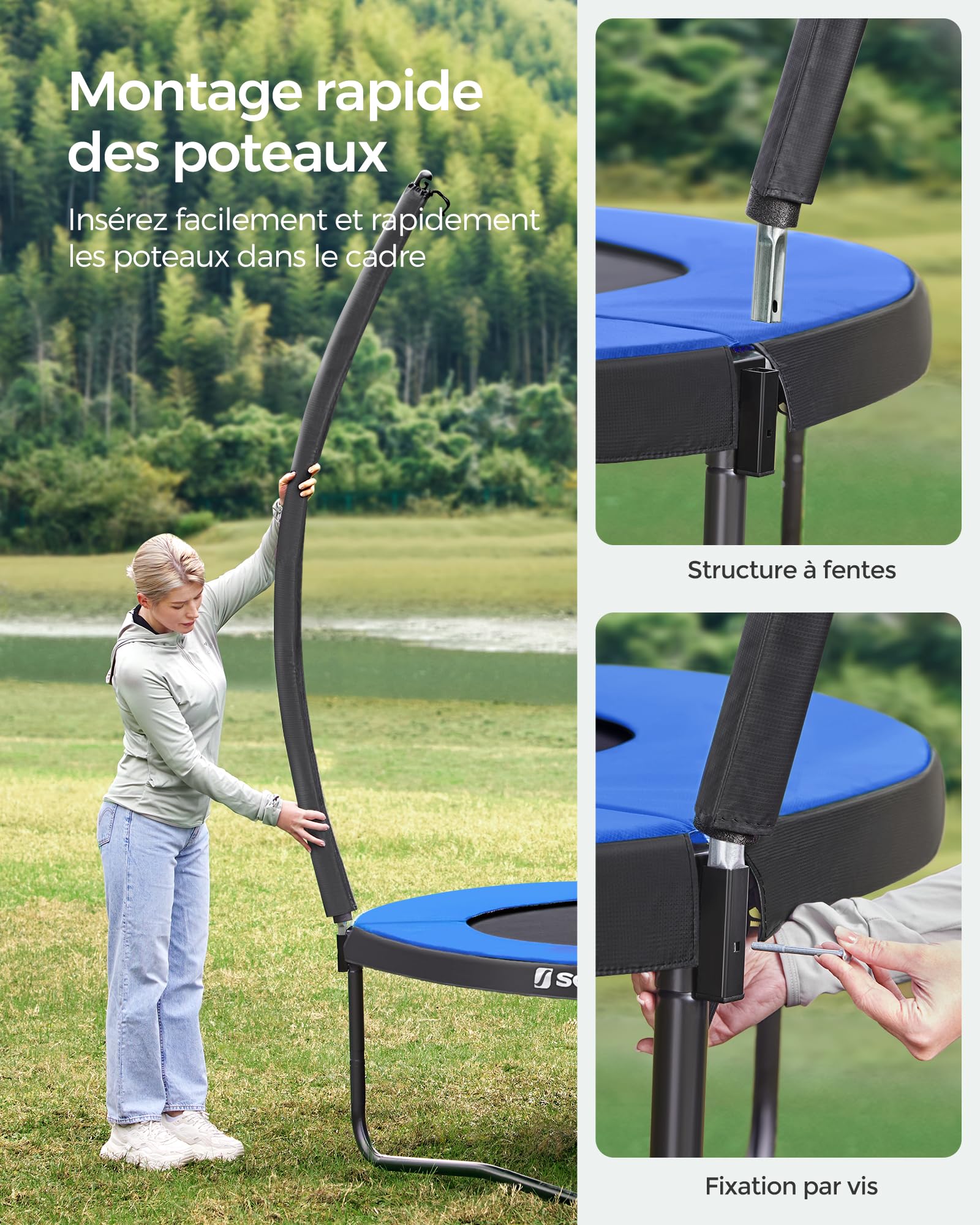 SONGMICS Trampoline Extérieur Enfant Diamètre 244/305/366/427 cm, Filet de Protection, Poteau Incurvé de 180 cm de Haut, Coussins de Sécurité, Échelle, Cadre en Acier