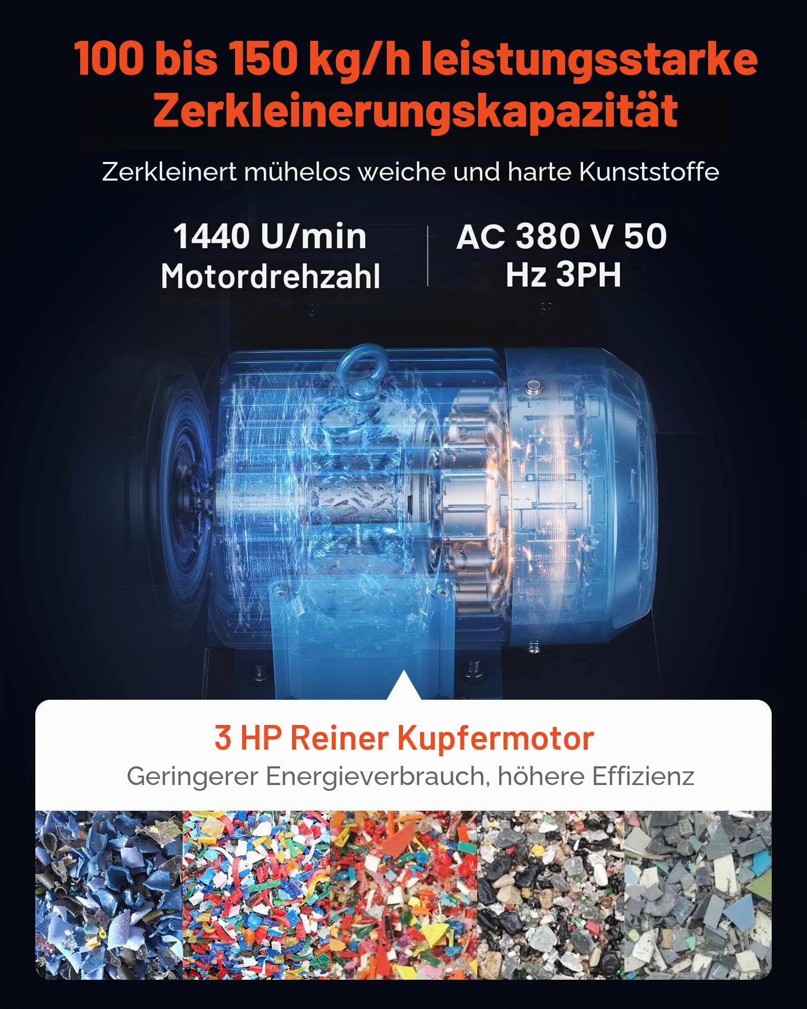 VEVOR Kunststoff-Schredder-Zerkleinerer, 2,2 kW, Granulator für Kunststoff, 100–150 kg/h Kapazität, mit Rädern, SDK-11-Klinge & 6 mm Maschenweite für PVC, ABS, PTFE(380V, 50 Hz 3-phasig)