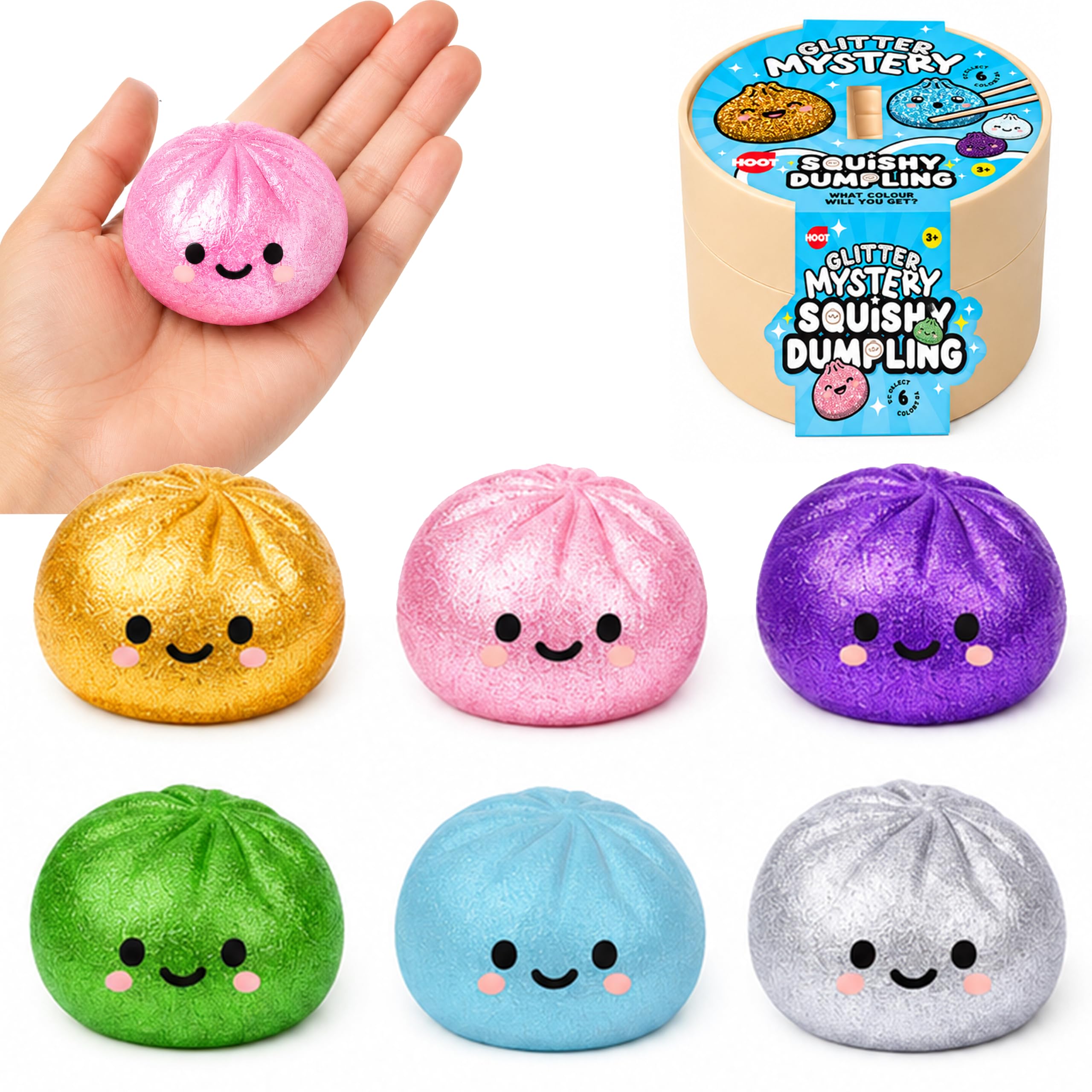 Glitter Dumpling Toys 8.5cm - 6x Random Squishy Bao Bun with Plastic Steamer Box, Slow Rising Glitter Filled, Fidget Mystery Squeeze Toy, Reusable Basket, Kids Party Bag Gift Age 3+