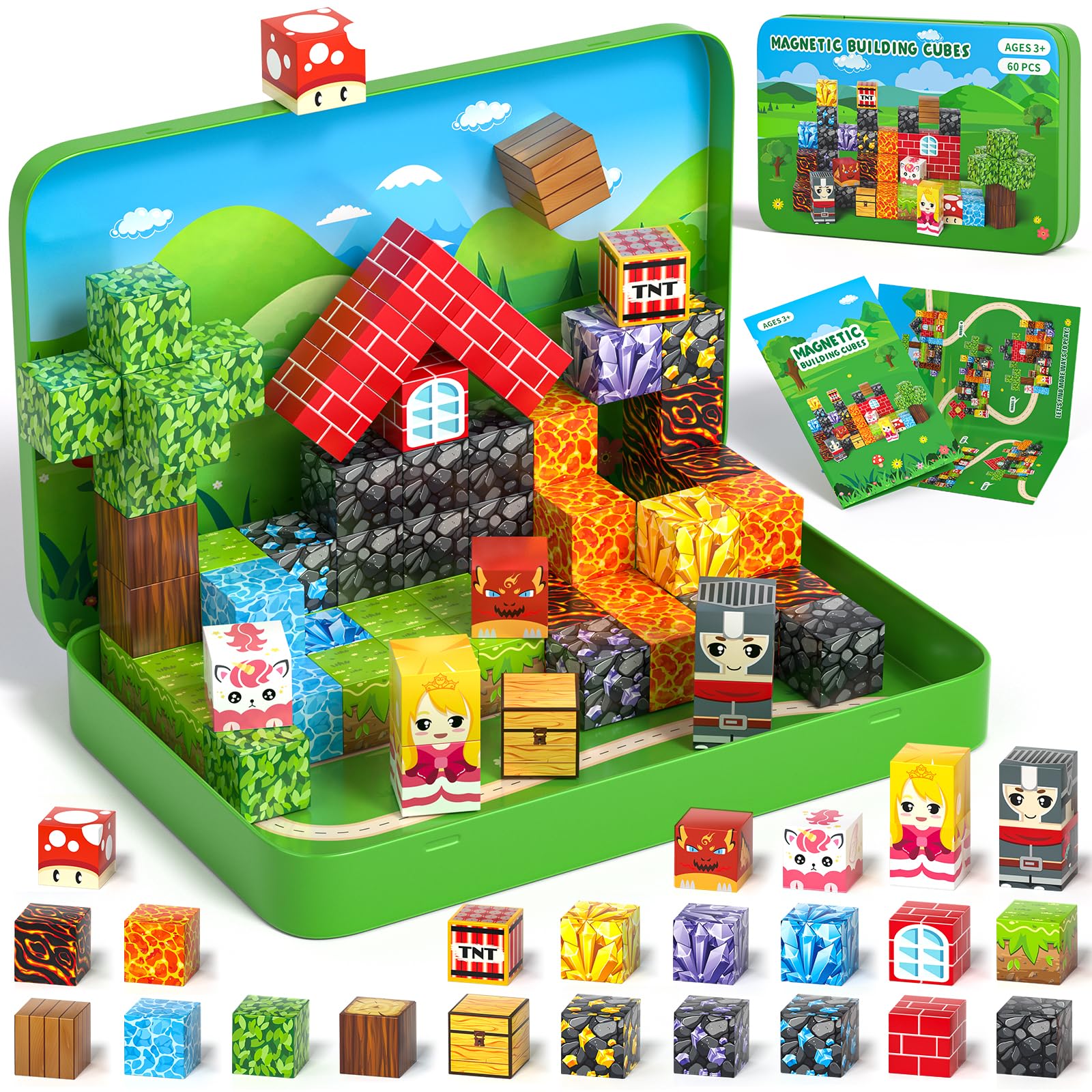 Axirata 60PCS Mini Magnetic Blocks Travel Toy for Kids, Mini Magnetic Tiles Building Cubes with Portable Iron Box, STEM Learning Sensory Toy for Toddler Boys Girls Age 3-5 4-8 8-12+