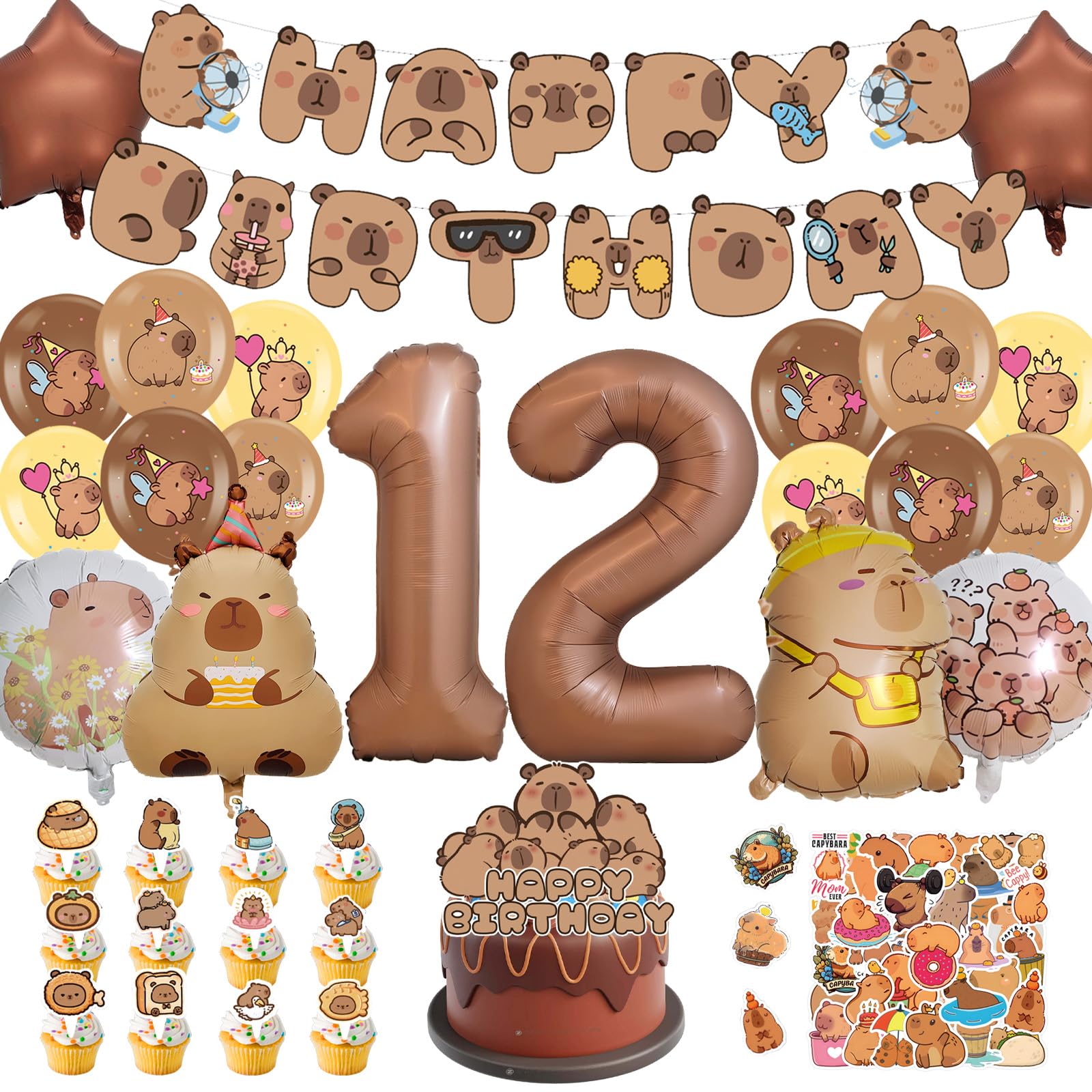 AUNGKWANG Capybara Birthday Decoration 6/7/8/9/10/11/12 Years Boy Girl 100 Pieces Capybara Decoration Birthday Set with Balloons Banner Cake Decoration and Stickers, for Children's Birthday Party