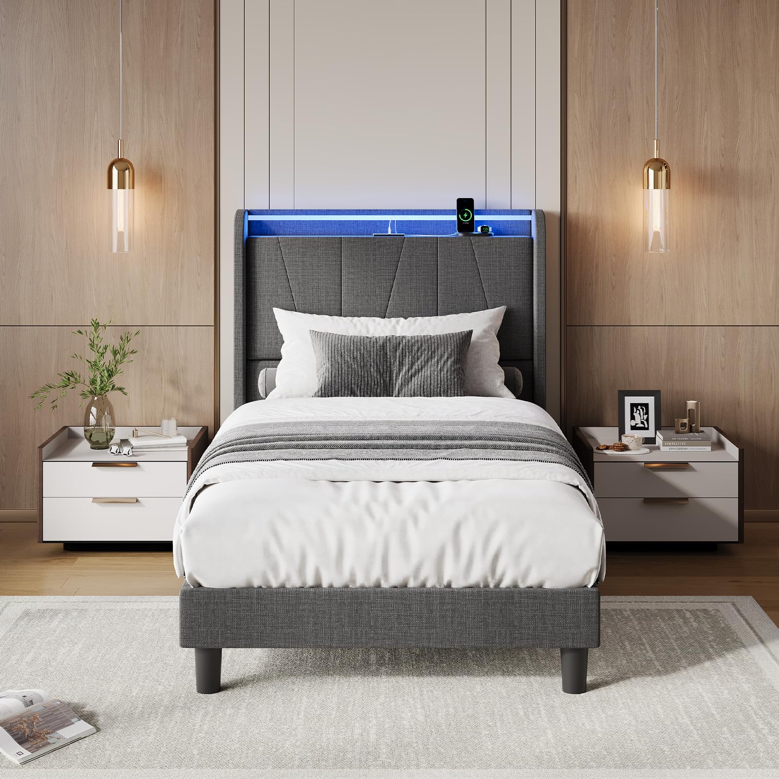 Twin LED Bed Frame with Charging Station, Platform Bed Frames with Fabric Upholstered Storage Headboard and Wooden Slats Support, No Box Spring Needed, Without Slip Without Noise, Easy Assembly