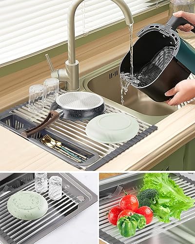 Miniatura 4 de Escurridor de platos enrollable, escurridor de platos extensible sobre el fregadero, estante de cocina de acero inoxidable con soporte para