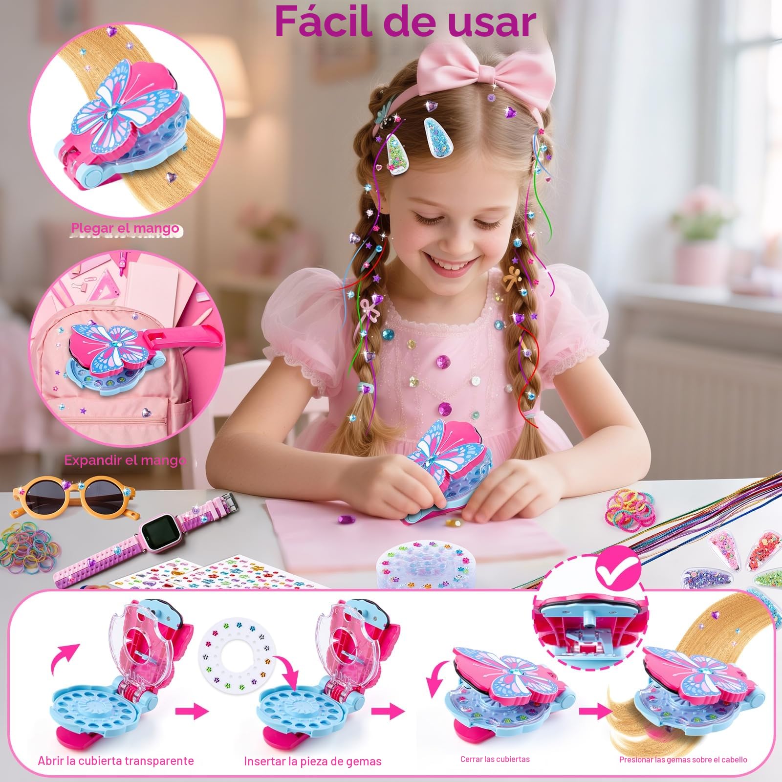 SEMKOTREE Hair Bedazzler Kit, Accesorios Pelo Herramientas de Peinado con 480 Gems y Extensiones, Purpurina Pelo Brillantes para el Pelo Regalo Niña 6 7 8 9 10 Años