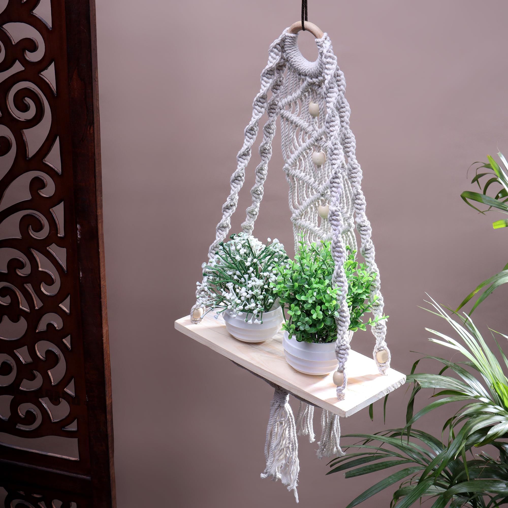 Akaar Décor Indoor Boho Macrame Wall Shelf with Hanging with Wooden Dowel Hand Woven Bohemian Decor for Apartment Dorm Bedroom Living Room Nursery