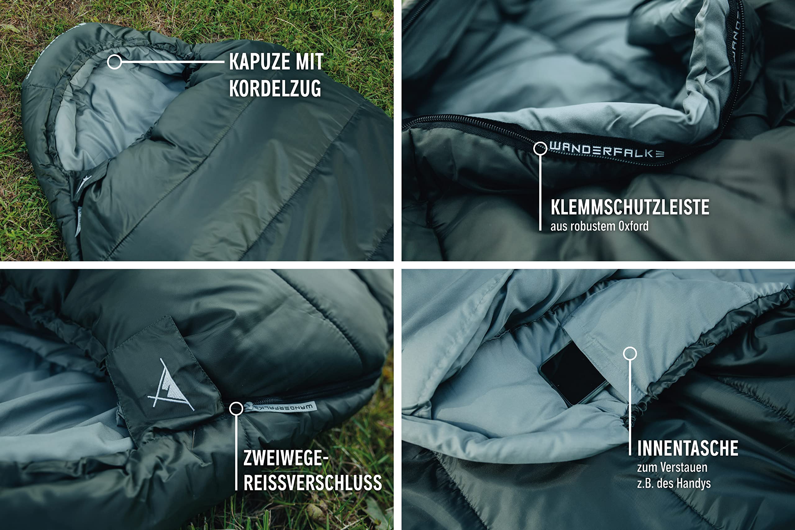 WANDERFALKE® Premium Schlafsack Erwachsene (Alpinist/Wanderer), 3-4 Jahreszeiten (480GSM) & Sommerschlafsack (200GSM) Mumienschlafsack für Outdoor, Camping & Reise