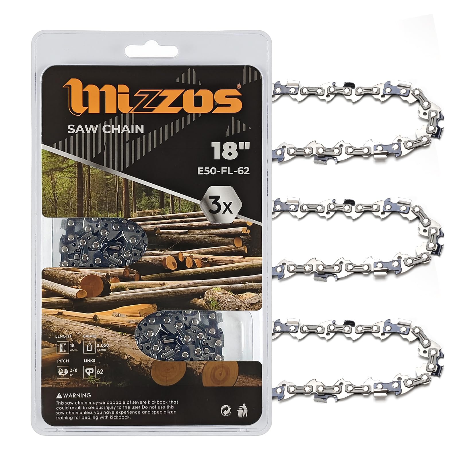 MIZZOS Paquete de 3 especialistas en madera dura | 3/8 pulgadas LP .50 pulgadas, 62 eslabones de 18 pulgadas, utilizado para operaciones de corte de roble/arce y arborista