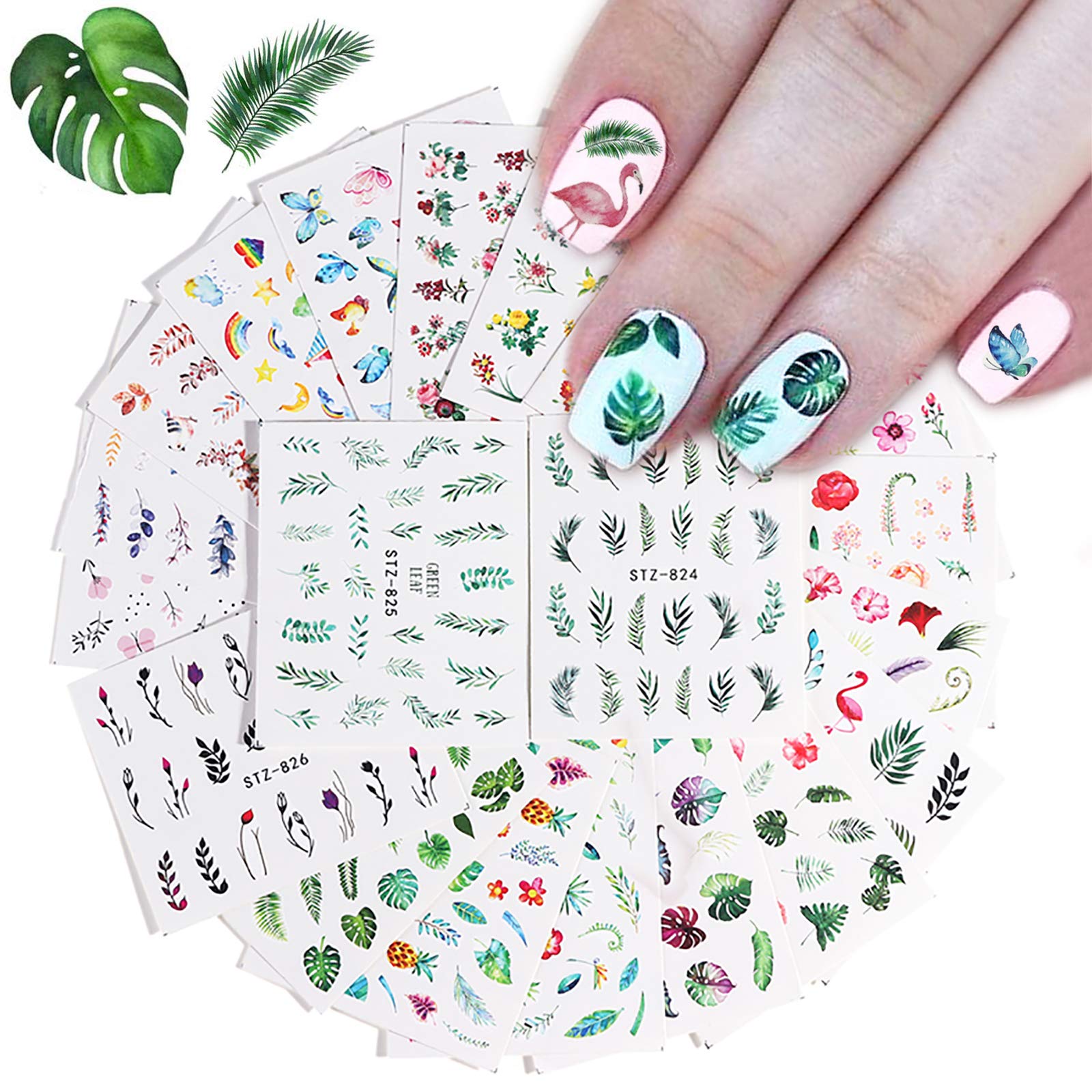 Kalolary 29Pcs Nail Stickers Water Transfer Fresh Nail Decals for Nail Art, Butterfly Palm Leaf Flower Nail Design Stickers for DIY Nails Design Manicure Tips Decorations