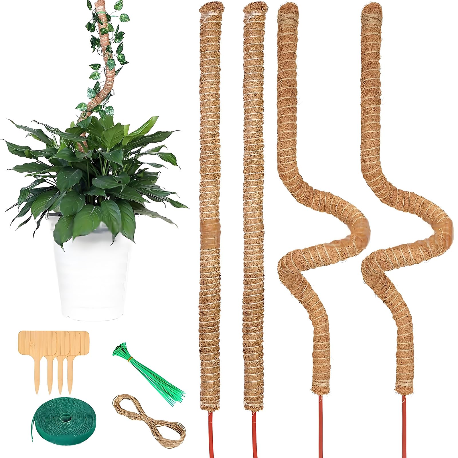 Lirynox 4 Pcs 100cm 40 Inch Bendable Coir Indoor Stakes, Monstera Moss Pole Plant Support for Climbing Plants, Adjustable Plants Climber Grow Poles with 4 Accessories