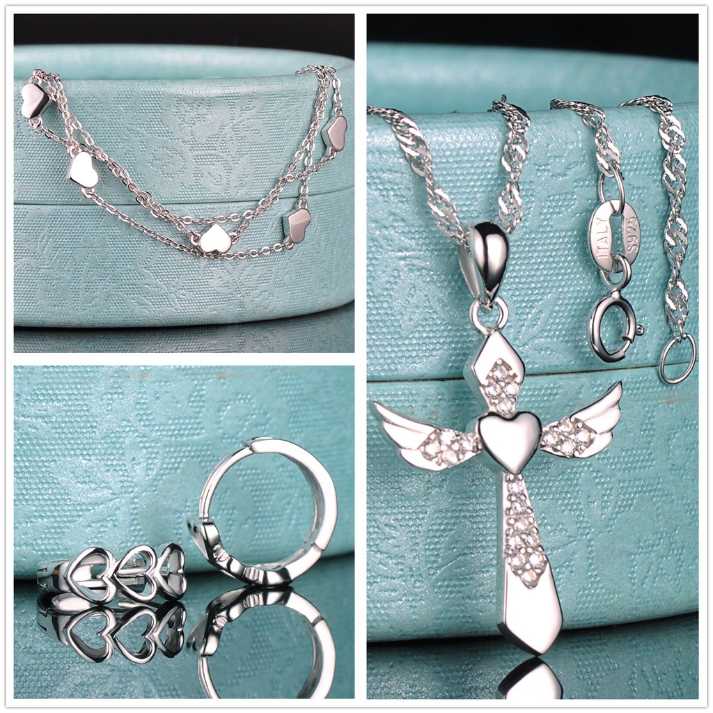 Yumilok 925 Sterling Silber Zirkonia Herzen Kreuz Halskette Charm-Armband Creolen Schmuck Set Kette mit Anhänger Armkette Ohrringe Set für Damen Mädchen