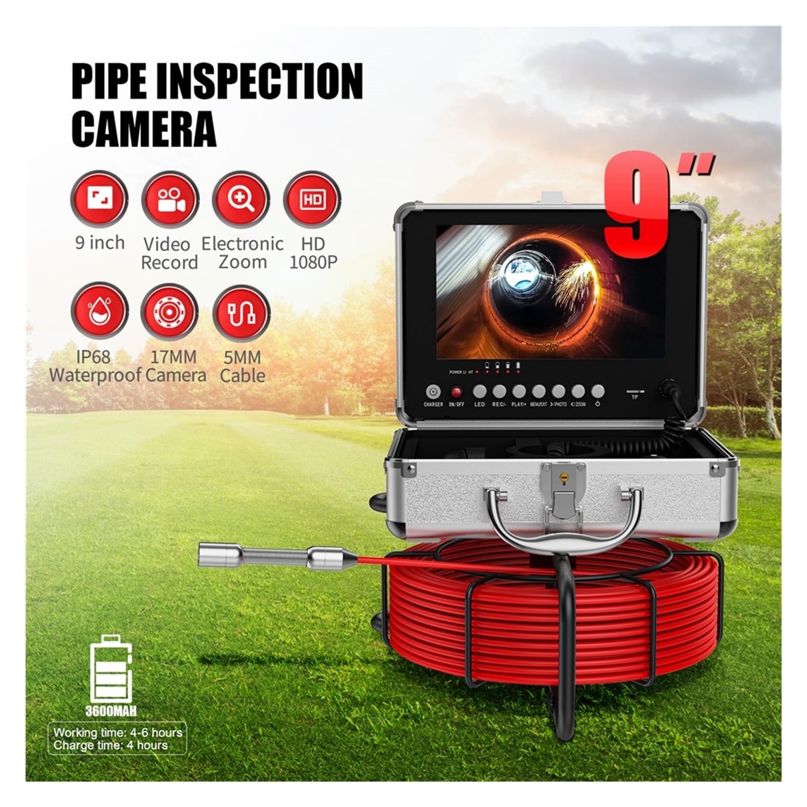 Funkcja Nagrywania DVR 9" Monitor Kamera Inspekcyjna Rur Kanalizacyjnych IP68 Rurociągi Kanalizacyjne Przemysłowy Endoskop 17MM 1080P Dobra Jakość Obrazu(50m)