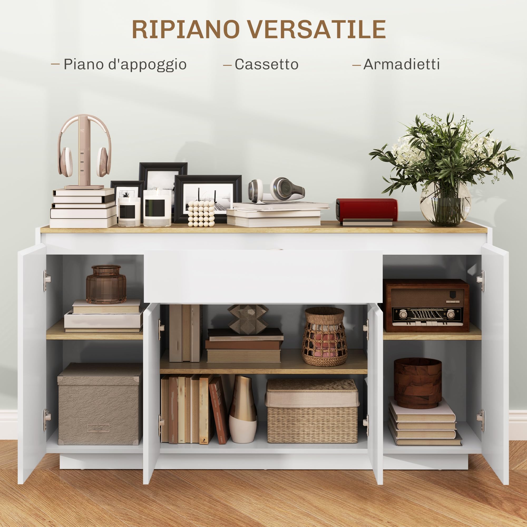 HOMCOM Credenza Cucina con 3 Armadietti a 4 Ante, Mobile Cucina Moderna con Cassetto, Ripiano Regolabile e Ante Soft-Close, Madia in Legno MDF per Soggiorno, Sala da Pranzo, 140x40x75 cm, Bianco