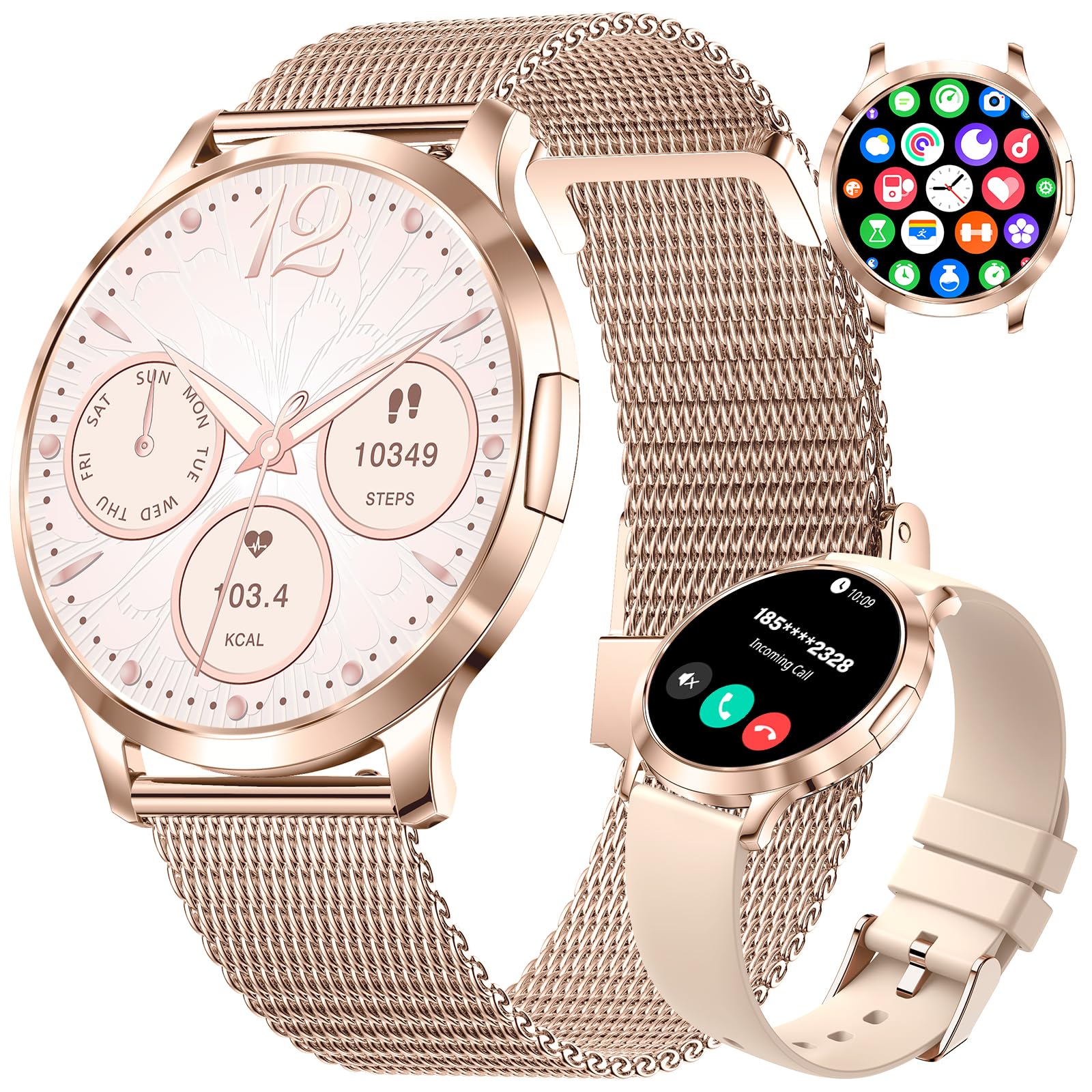 HIRREO Smartwatch Damen 7,9mm Dünner 1.32" HD AMOLED Telefonischer Anruf Elegant Smart Watch Rosegold Fitnessuhr für iOS Android Menstruationszyklus,Gesundheitsüberwachung,100+ Sportmodi Sportuhr