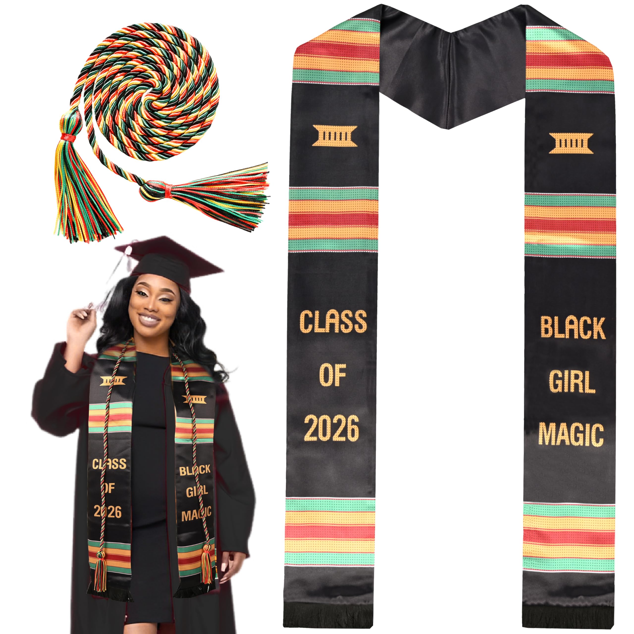 Black Girl Magic Graduation Stole 2 Pcs Set 2026, Kente Graduation Sash, African Graduation Stole Honor Cord for Adult College Unisex Graduation Gift
