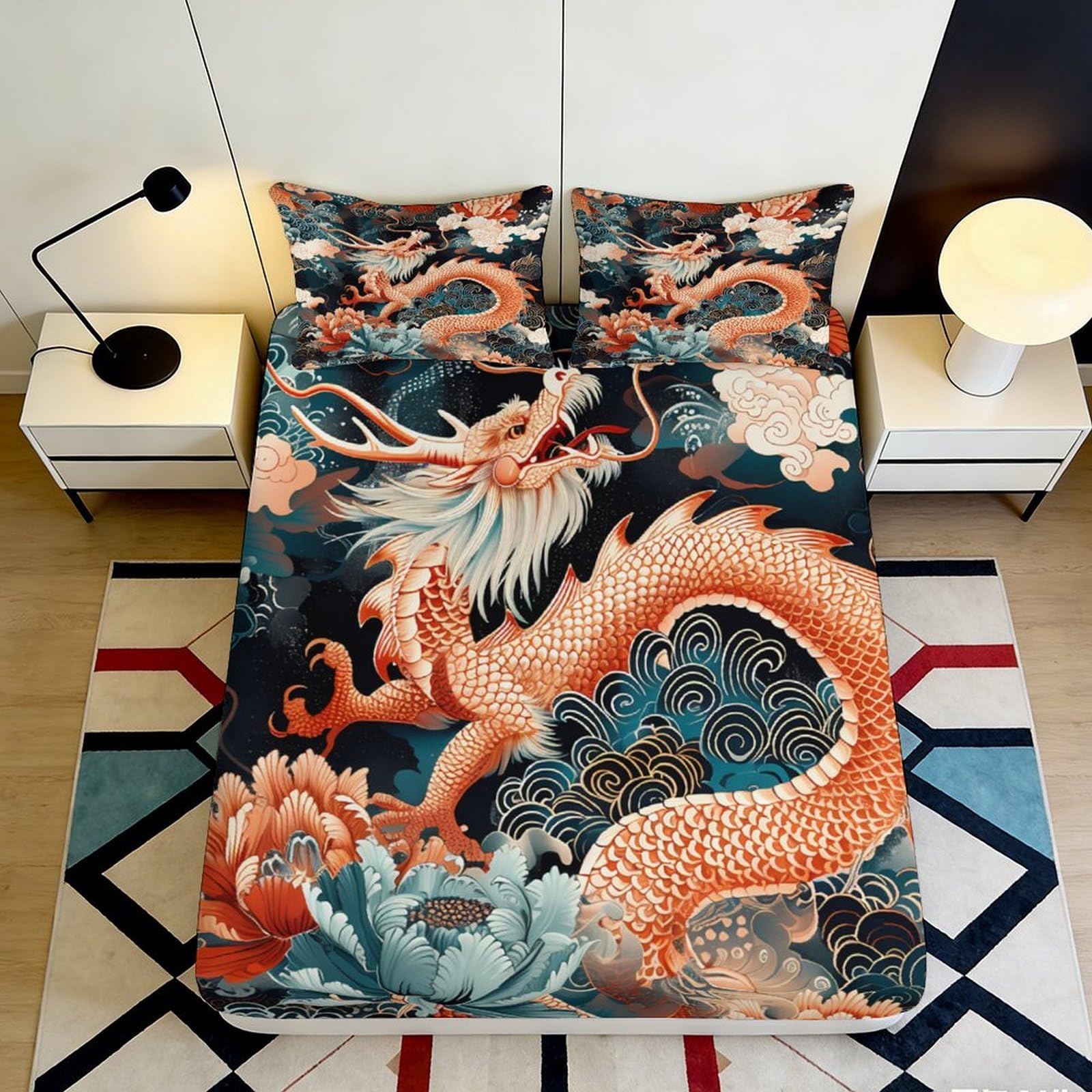 3D Printed Dragon Pattern Fitted Sheet Microfiber Soft Durable Oriental Floral Bed Cover for Bedroom Dormitory Guest Room Mattress Protection 200x200x25cm