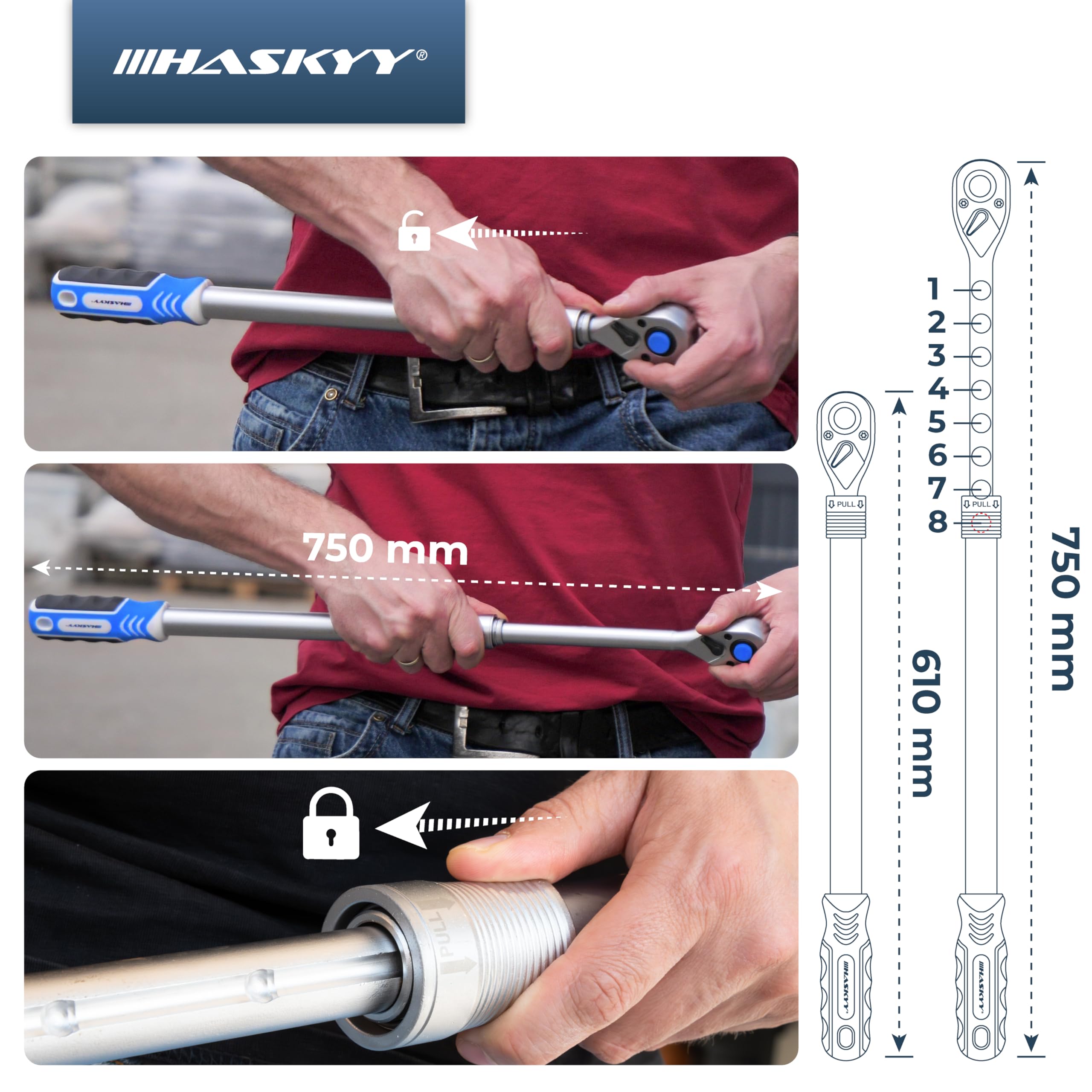 HASKYY Clé à cliquet télescopique 1/2" - Cliquet réversible 61-75 cm - Cliquet à levier long extensible (1/2" 610-750 mm)