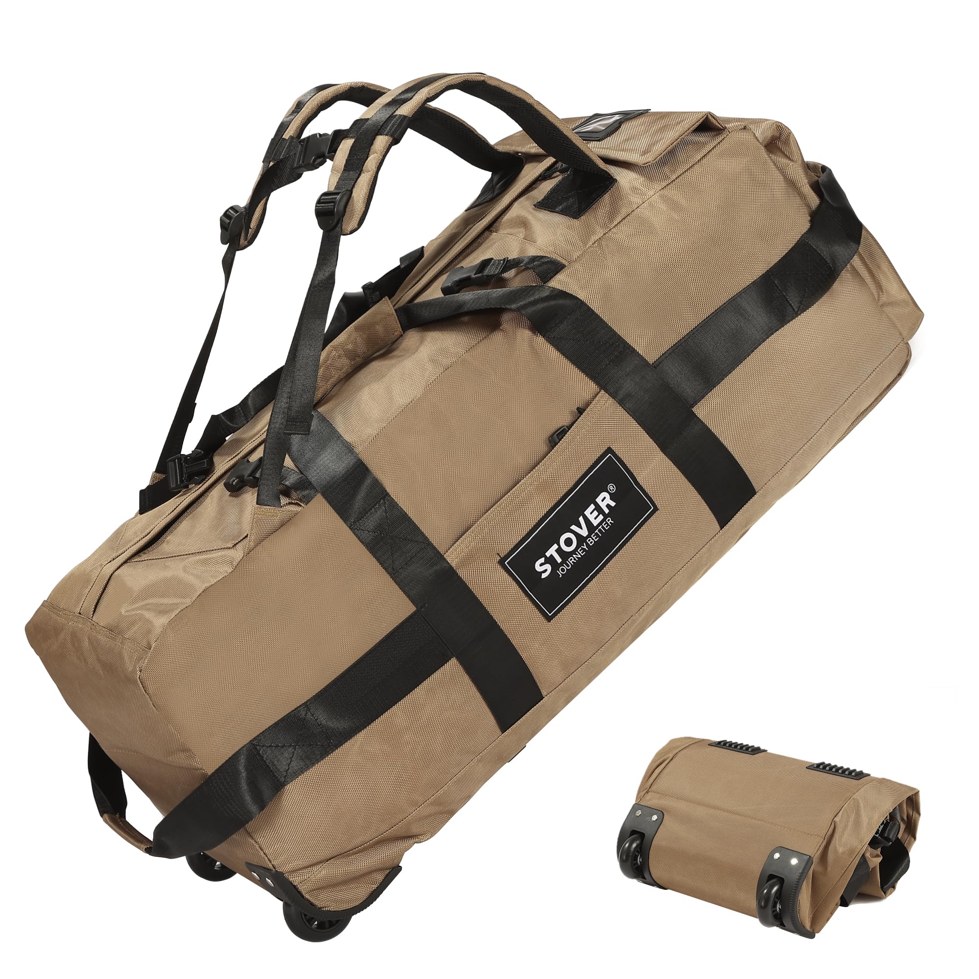 STOVER80L Rolling Duffel Bag with Wheels, Extra Large 31 Inch Durable Travel Duffle Bag- Rugged, Collapsible, Rollable Design w/Shoulder Straps- Use as Luggage or Backpack for Men/Women (Tan)