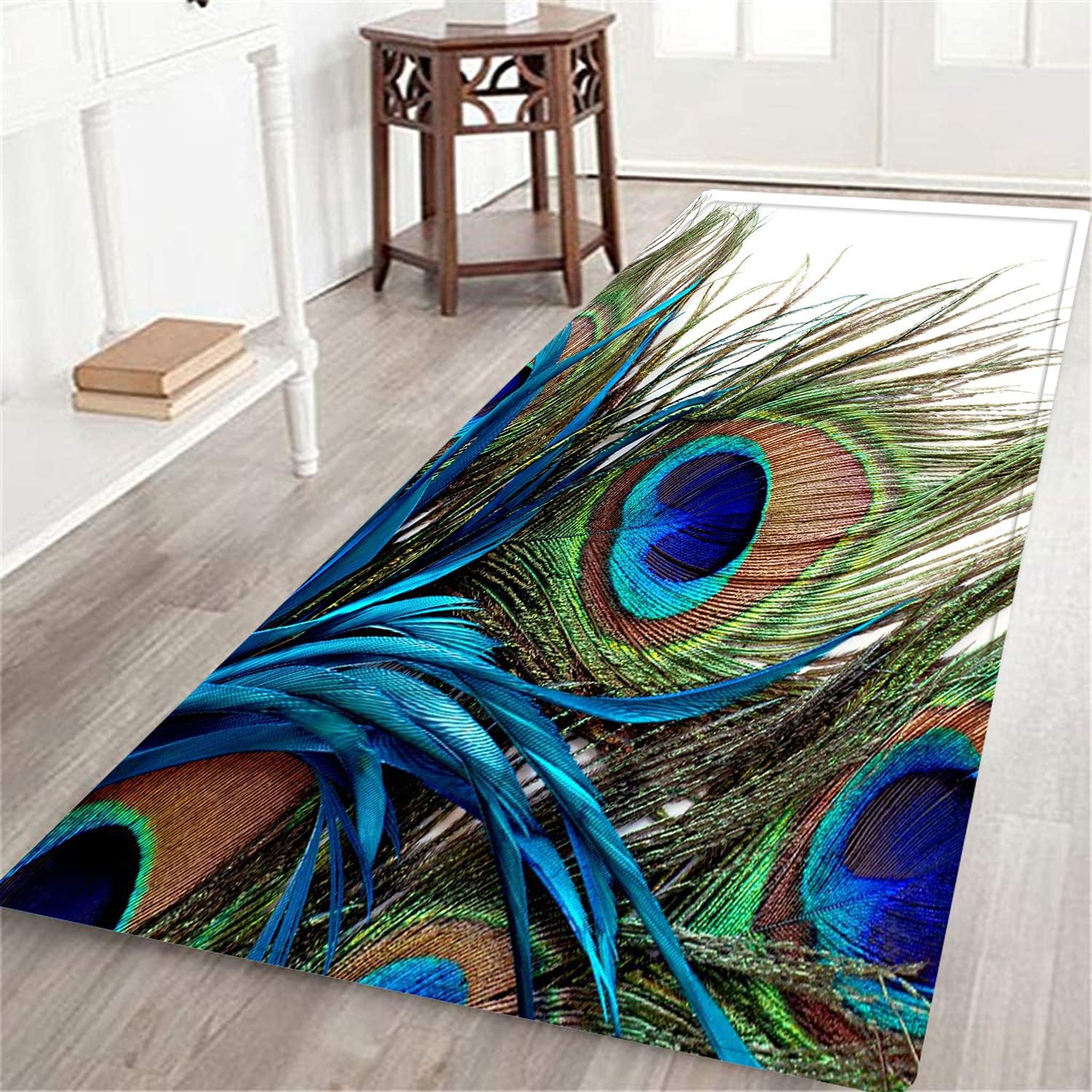 Peacock Feather Long Runner Rug for Hallway Peacock Feathers are Rug Non-Slip Floor Carpet Indoor Doormat Entrance Door Mats Washable Kitchen Rugs