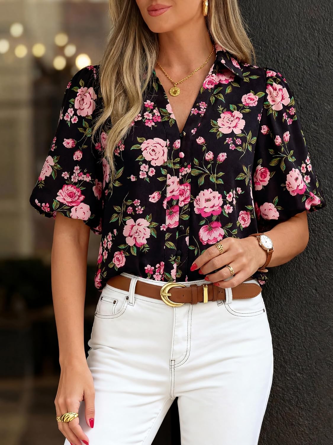 BTFBM Womens Tops Summer Button Down Shirts Casual Short Sleeve V Neck Floral Boho Business Blouses Vacation Outfits - Image 3
