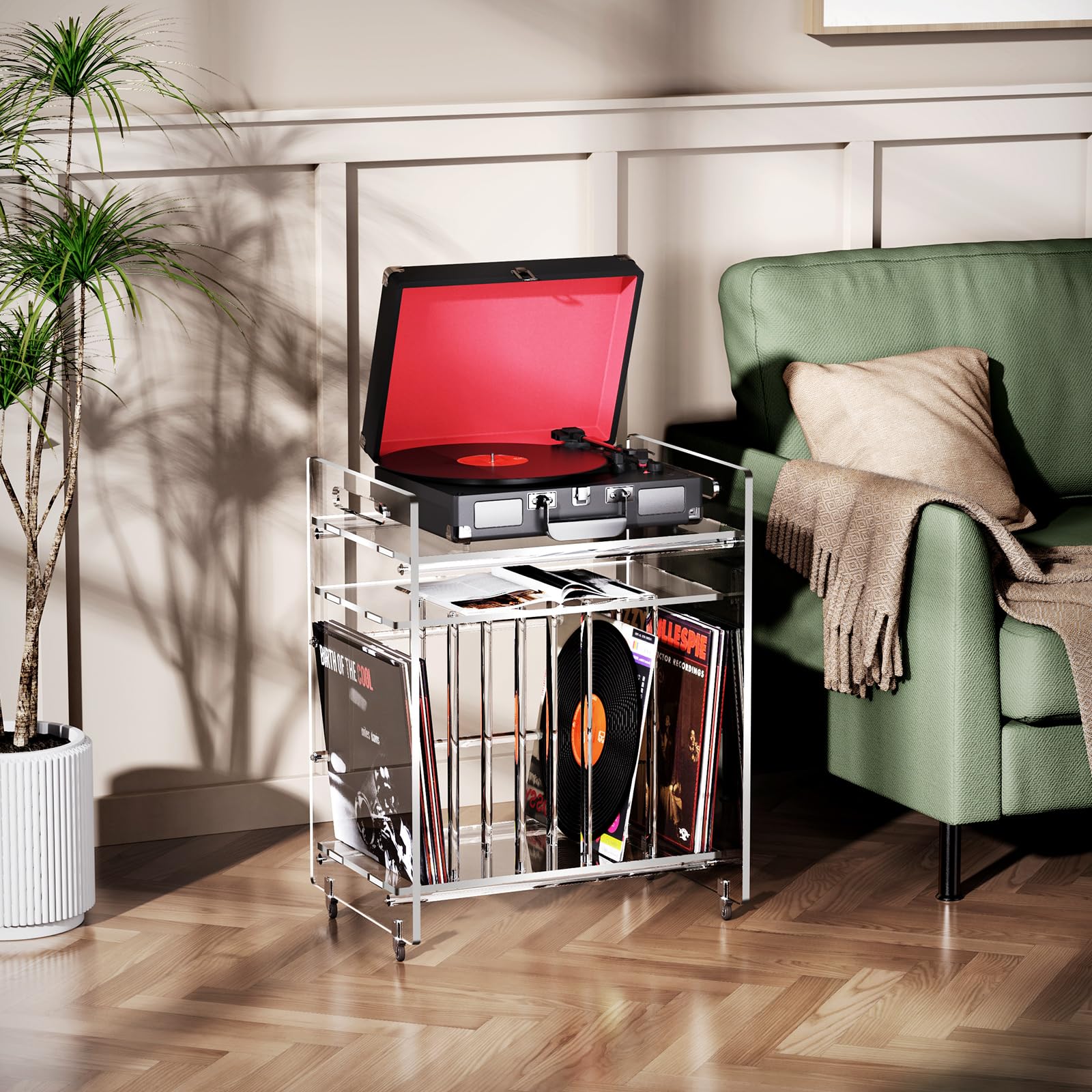 Acryl Beistelltisch, Plattenspielerständer, Schallplattentisch, Vinyl-Magazin-Aufbewahrungsregal mit 3 Ebenen, Beistelltisch mit Rädern (transparent, groß)