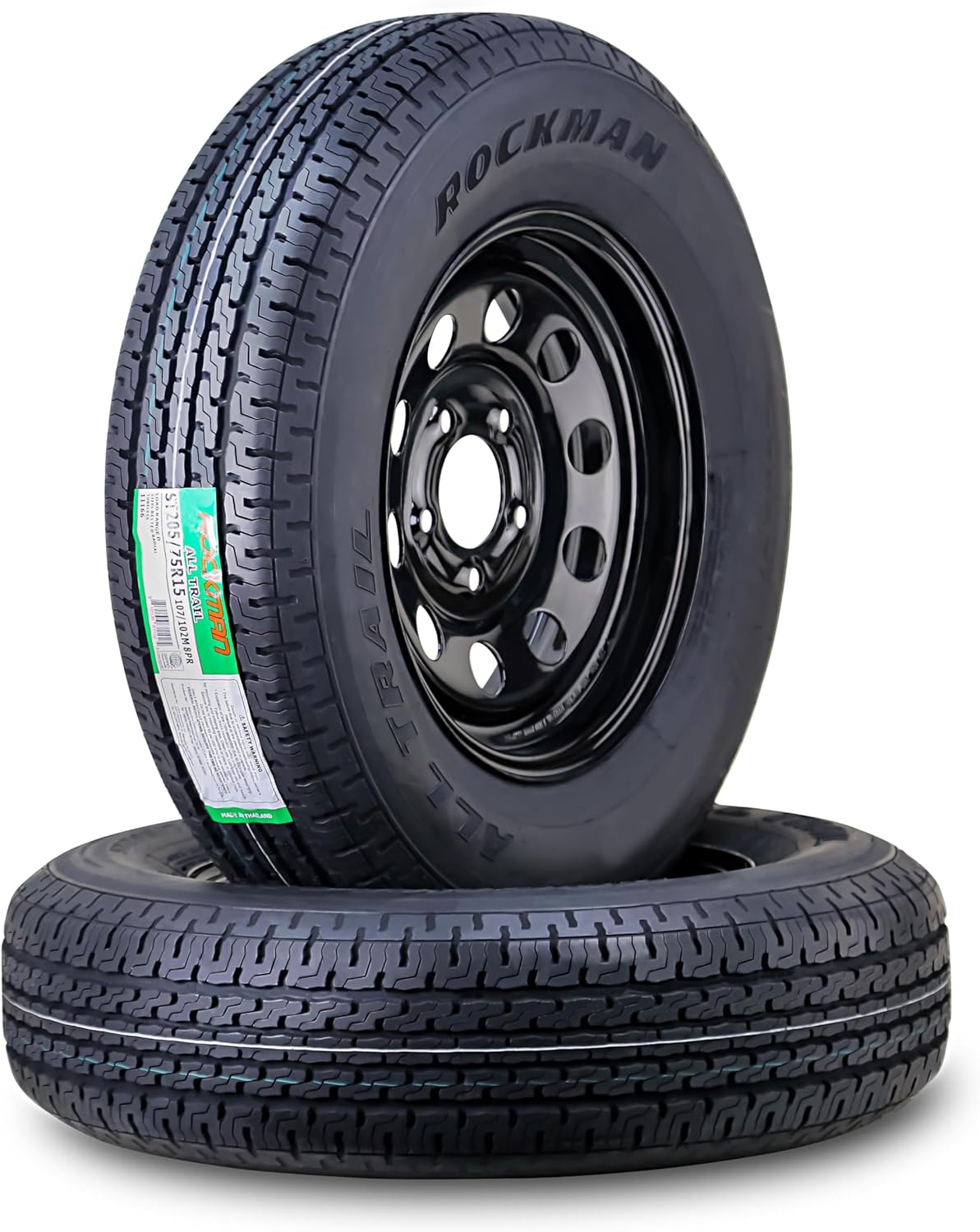 ROCKMAN Trailer Tire Wheel Assembly ST205/75R15 8-Ply D 107M 5 Lug on 5" PCD Black Mod Rim,SET 2