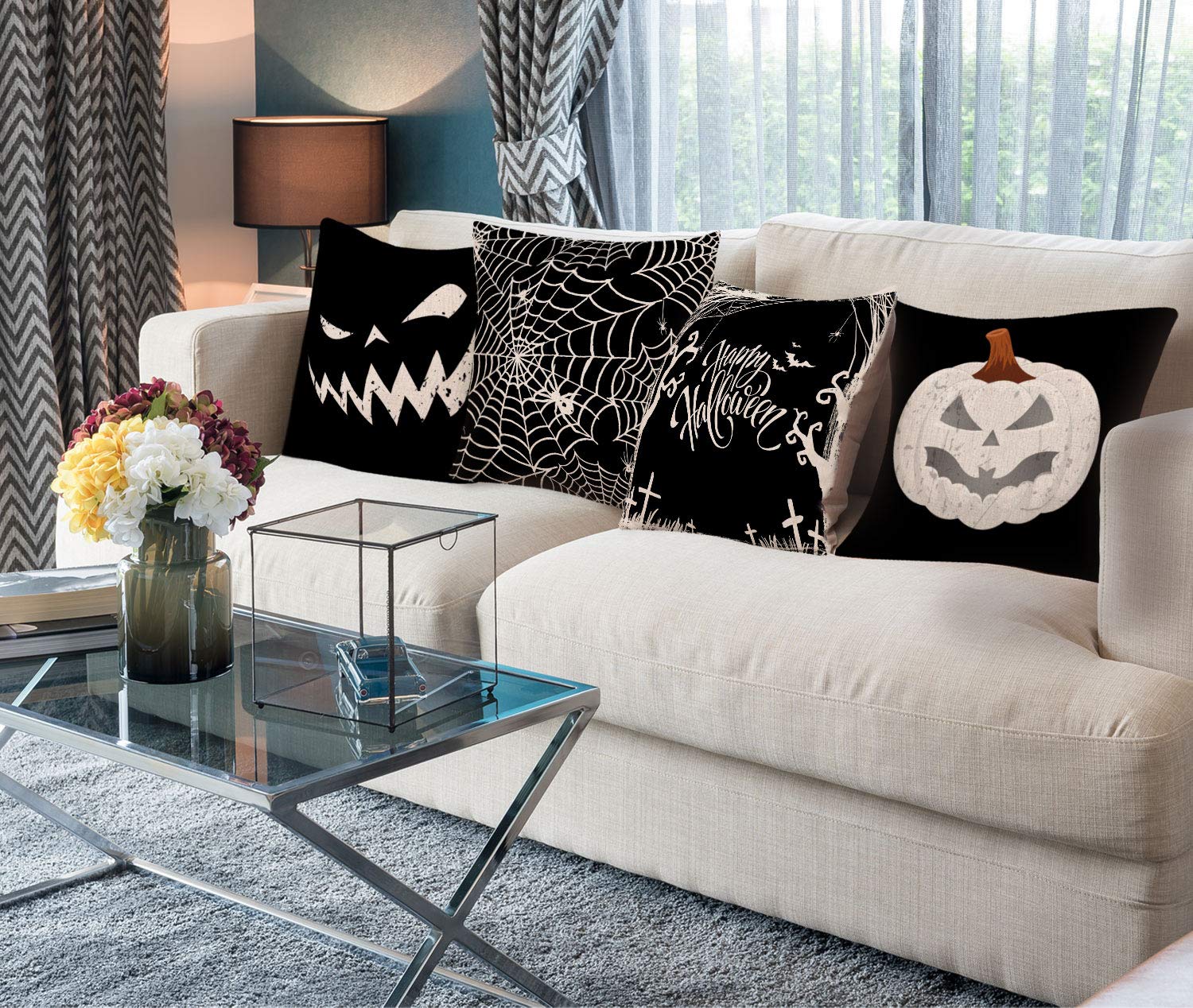 Federa Cuscino Halloween 30x50 Cm In Lino E Cotone: Scritta Happy Halloween E Ragnatela, Vintage Per Divano E Letto