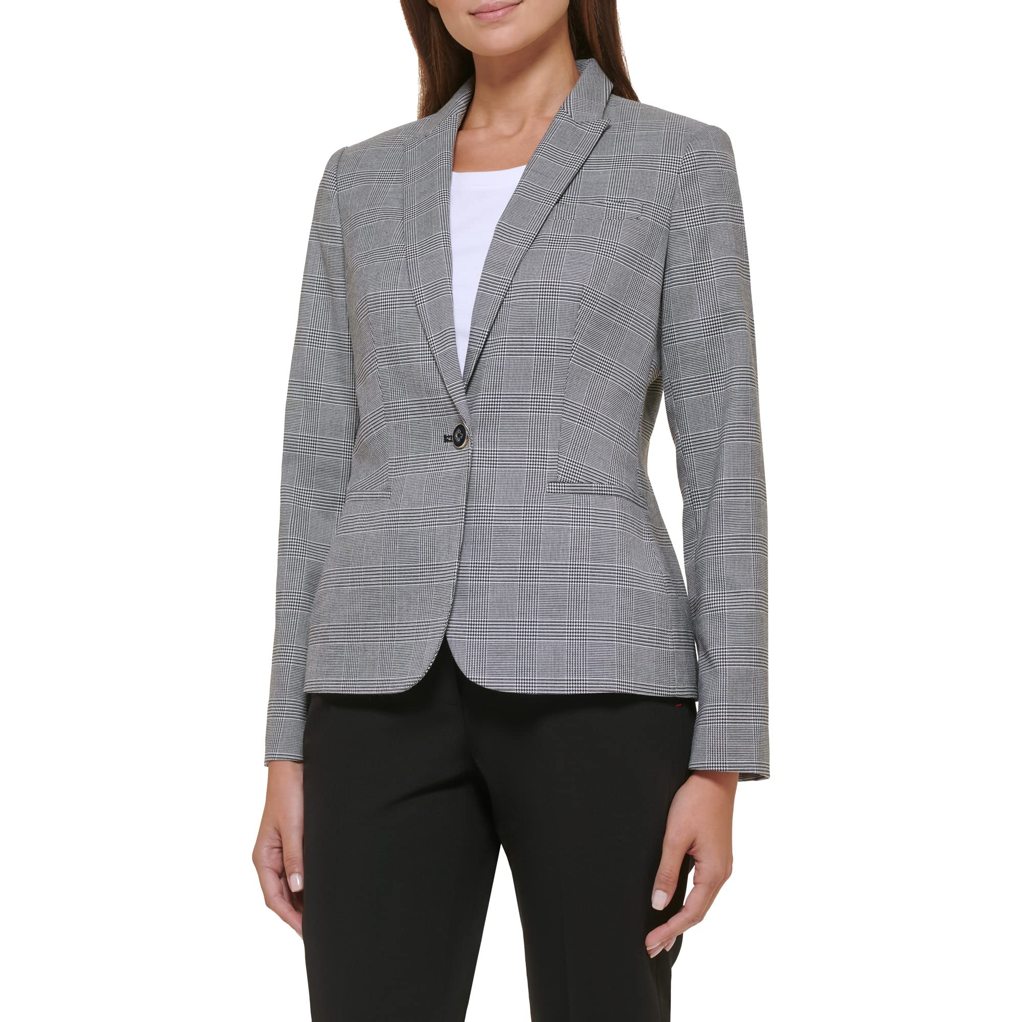 Women's Long Plaid Fitted Single Button Blazer