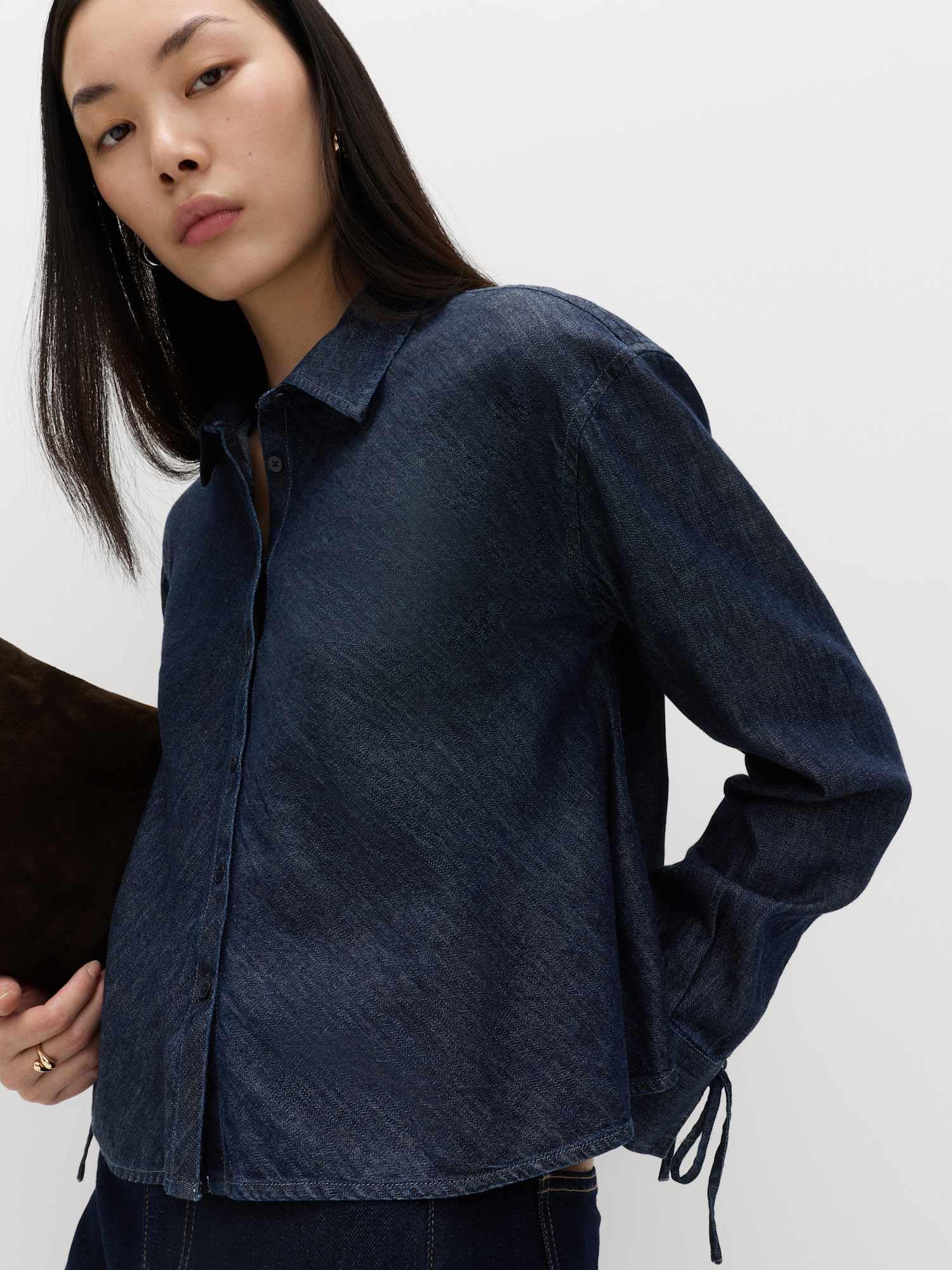 Marks & Spencer Chemise Denim Évasée à Lien Femme, Coupe Standard, Col, Épaules Tombantes