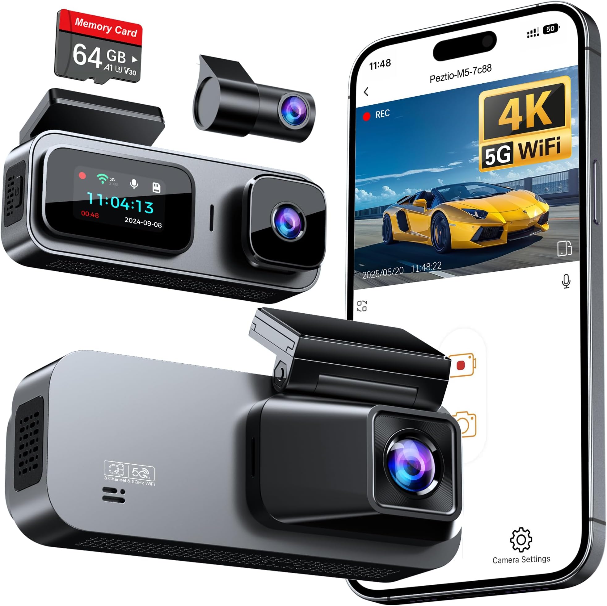 3 Channel 4K Dash Cam Front and Rear Inside, Built-in 5G WiFi, 4K+1080P+1080P Dash Camera for Cars with 64GB Card, Dashcam with Loop Recording, G-Sensor, 24H Parking Monitor, Silver