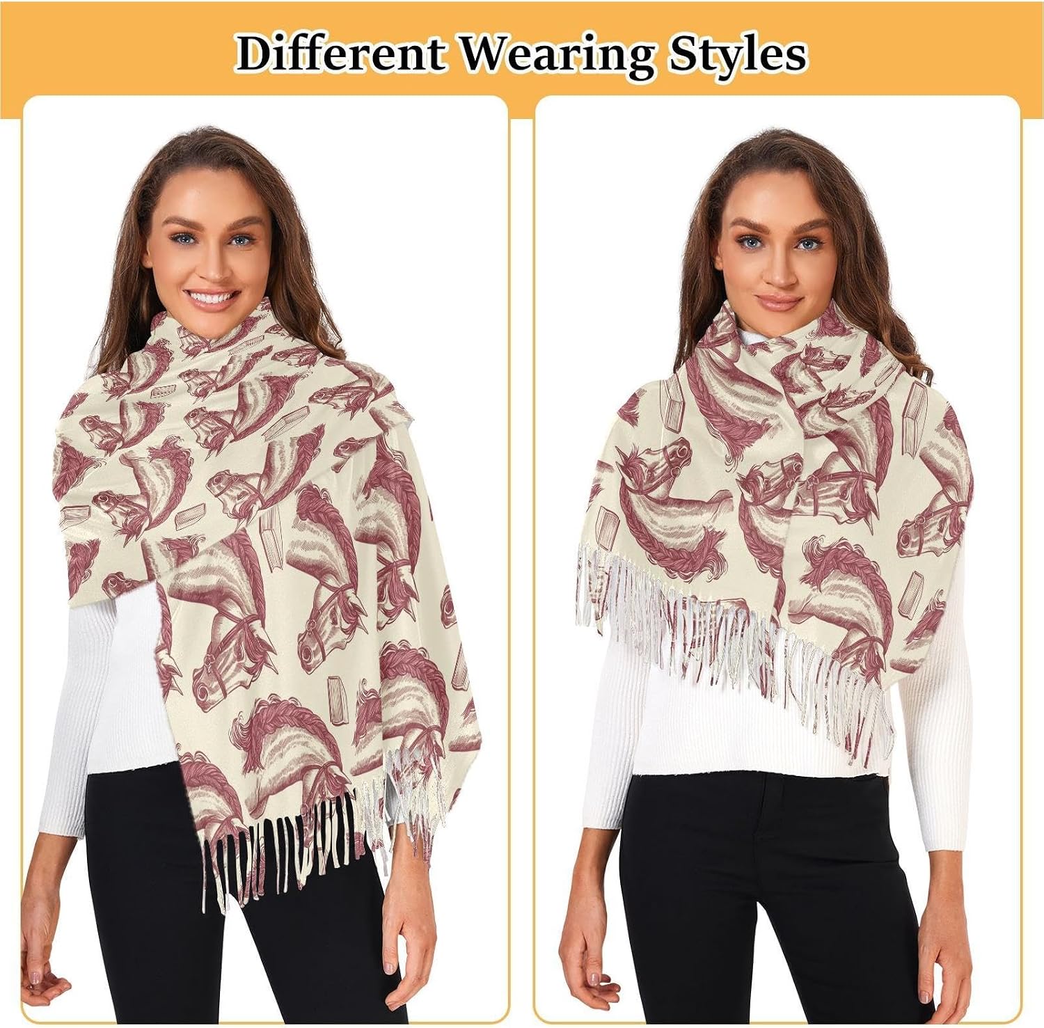 Winter Scarf for Women Retro Tribal Horse Fashion Tassel Shawl Wraps for Women, Cold Weather Warm Womens Scarves Soft Long Scarf Gifts