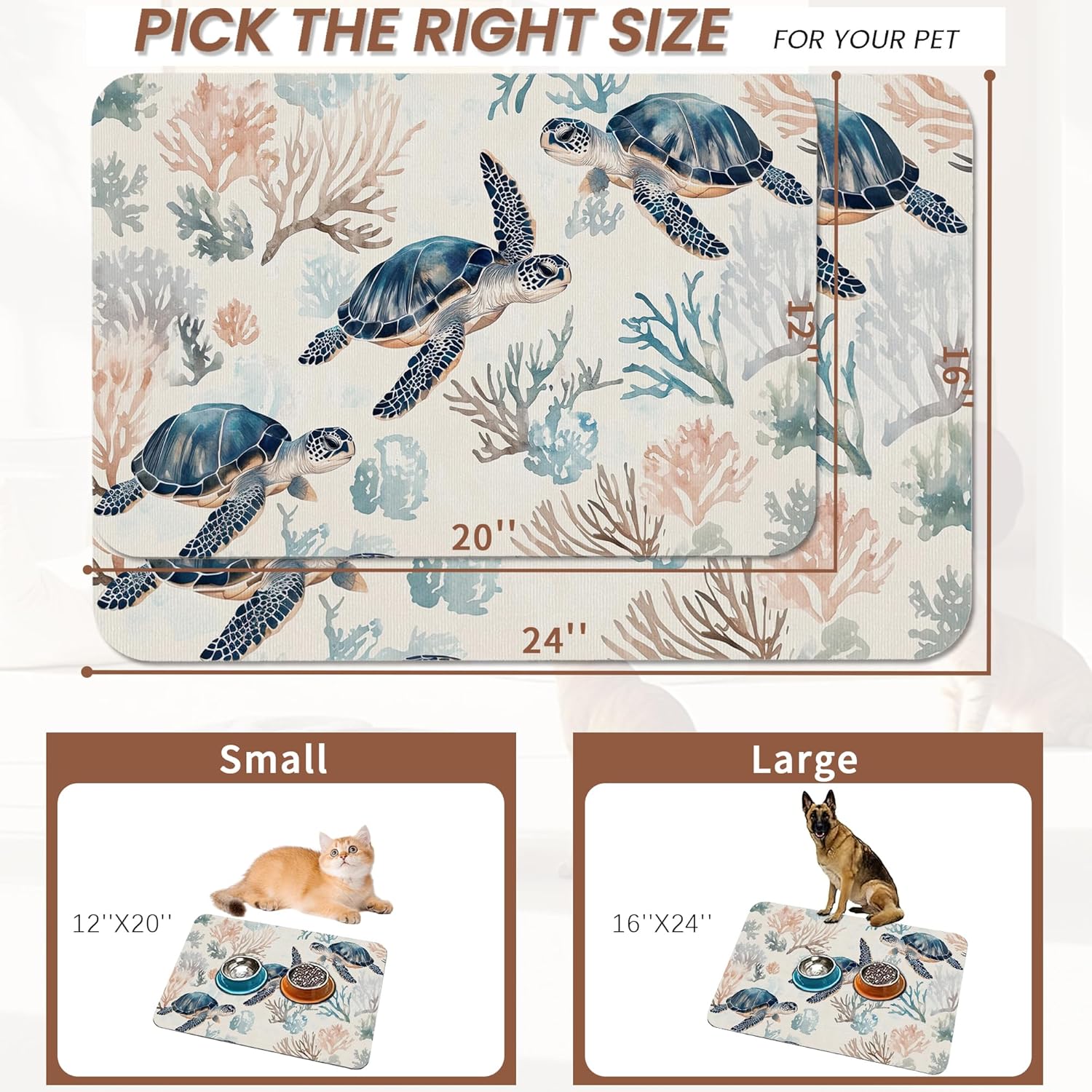 Turtle Dog Cat Food Mat,Coral Absorbent Pet Feeding Mat for Food and Water,Non-Slip Dog Bowl Mats Floor Protector 12"x20" - Image 2