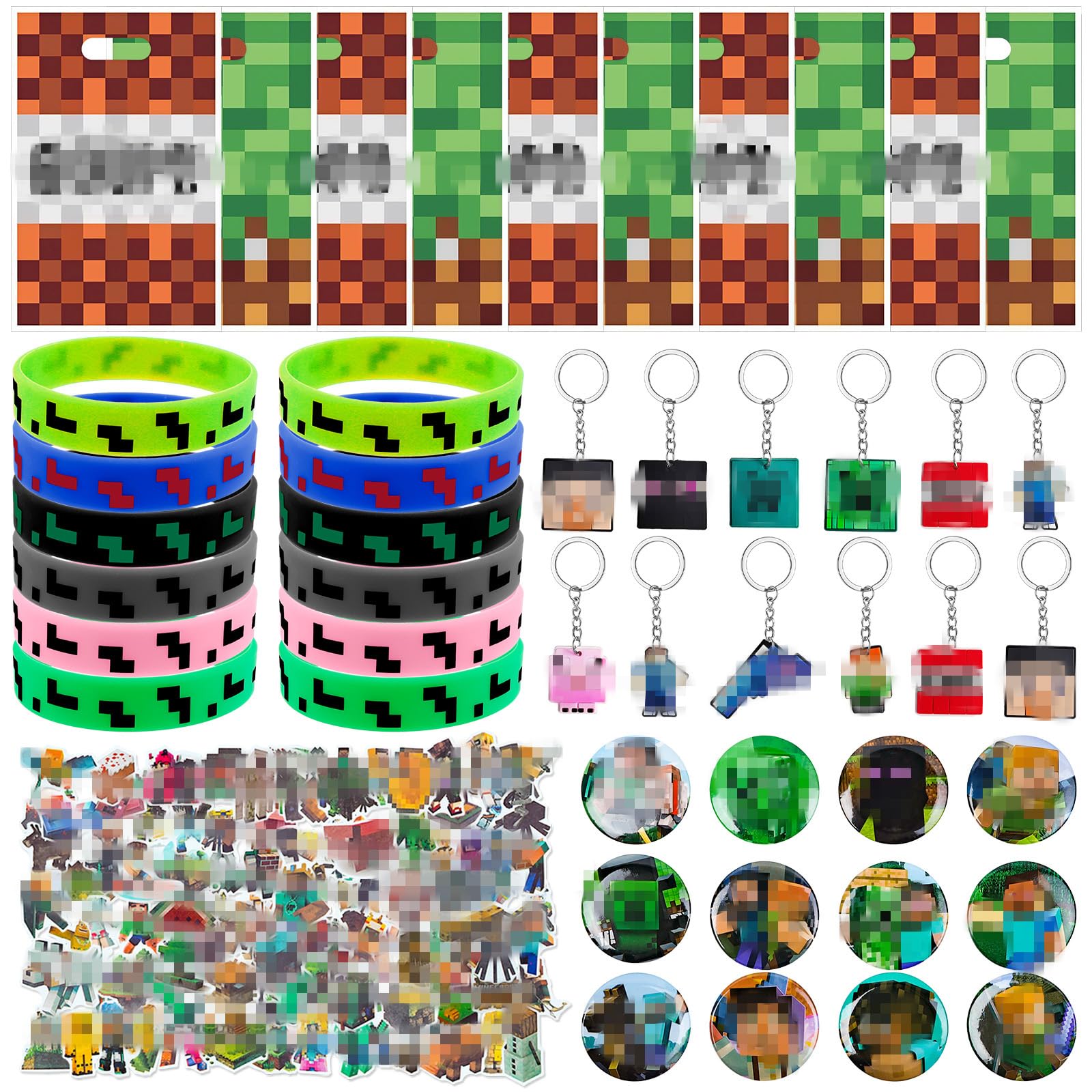 Kids Party Bag Fillers- Gaming Miner Party Bags Favours with Party Goodie Bags Keychains Wristbands Stickers Button Pin, Birthday Gift Bags Give Away Pinata Filler for Boy Girl Birthday Party Supplies