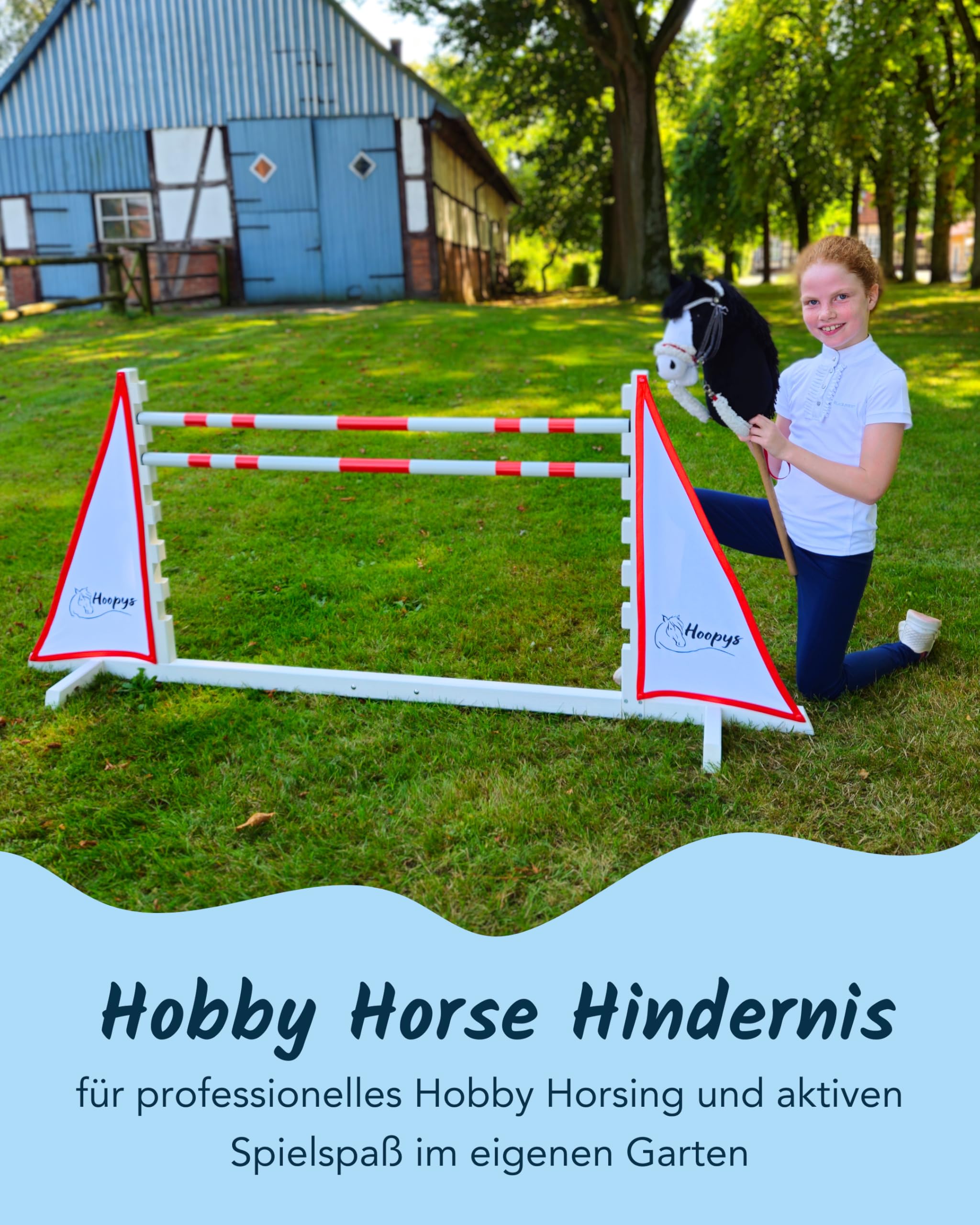 Hobby Horse Hindernis rot - mit zwei Sprung Stangen - Steckenpferd Spielzeug für den Garten - Gartenspielzeug Geschenke für Kinder