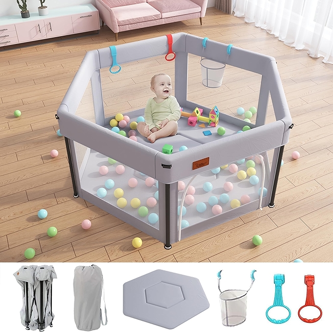EAQ Large Baby Playpen and Activity Center – Grey Hexagon