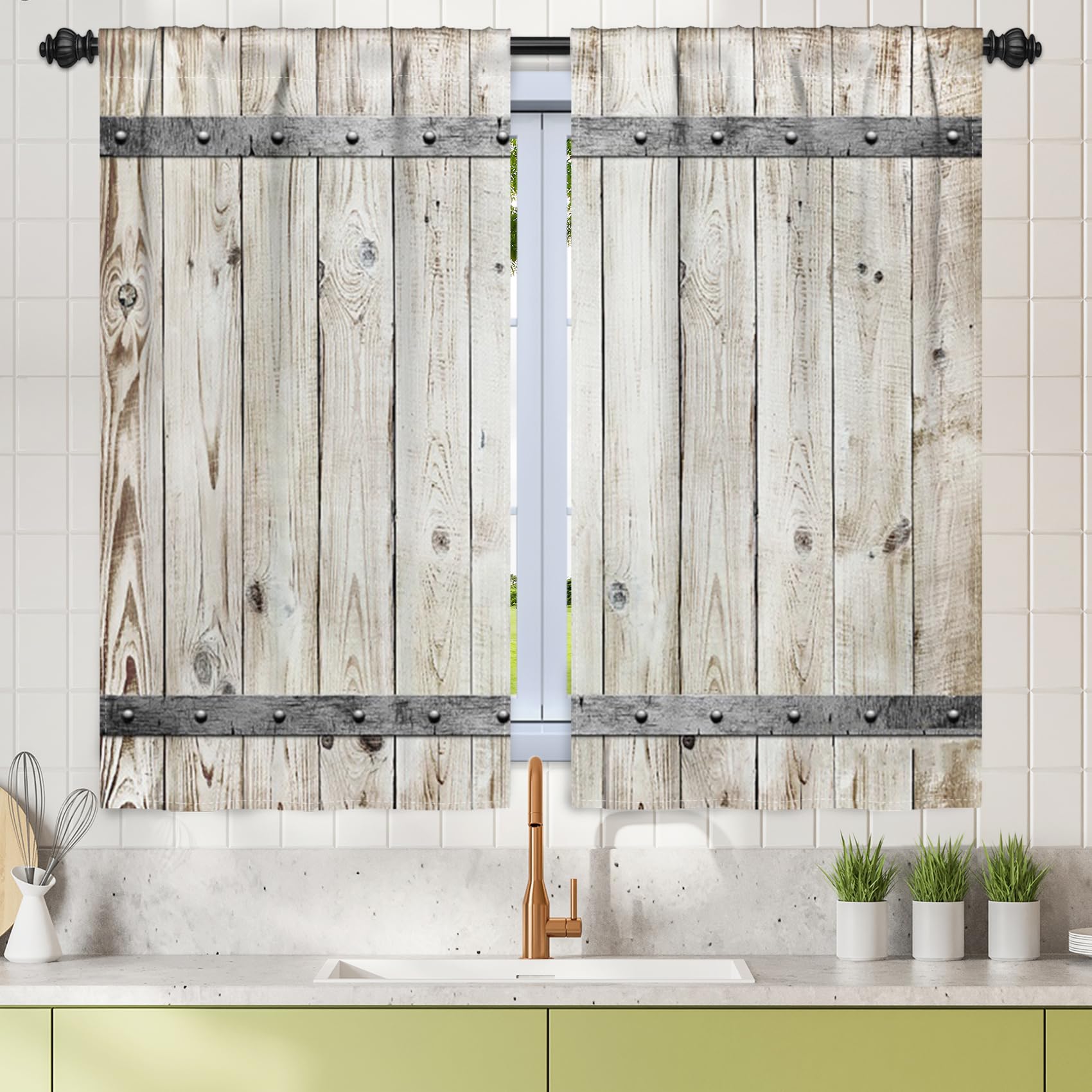 Renaiss 木製ドアカーテン 素朴なヴィンテージ木製納屋ドアプリント