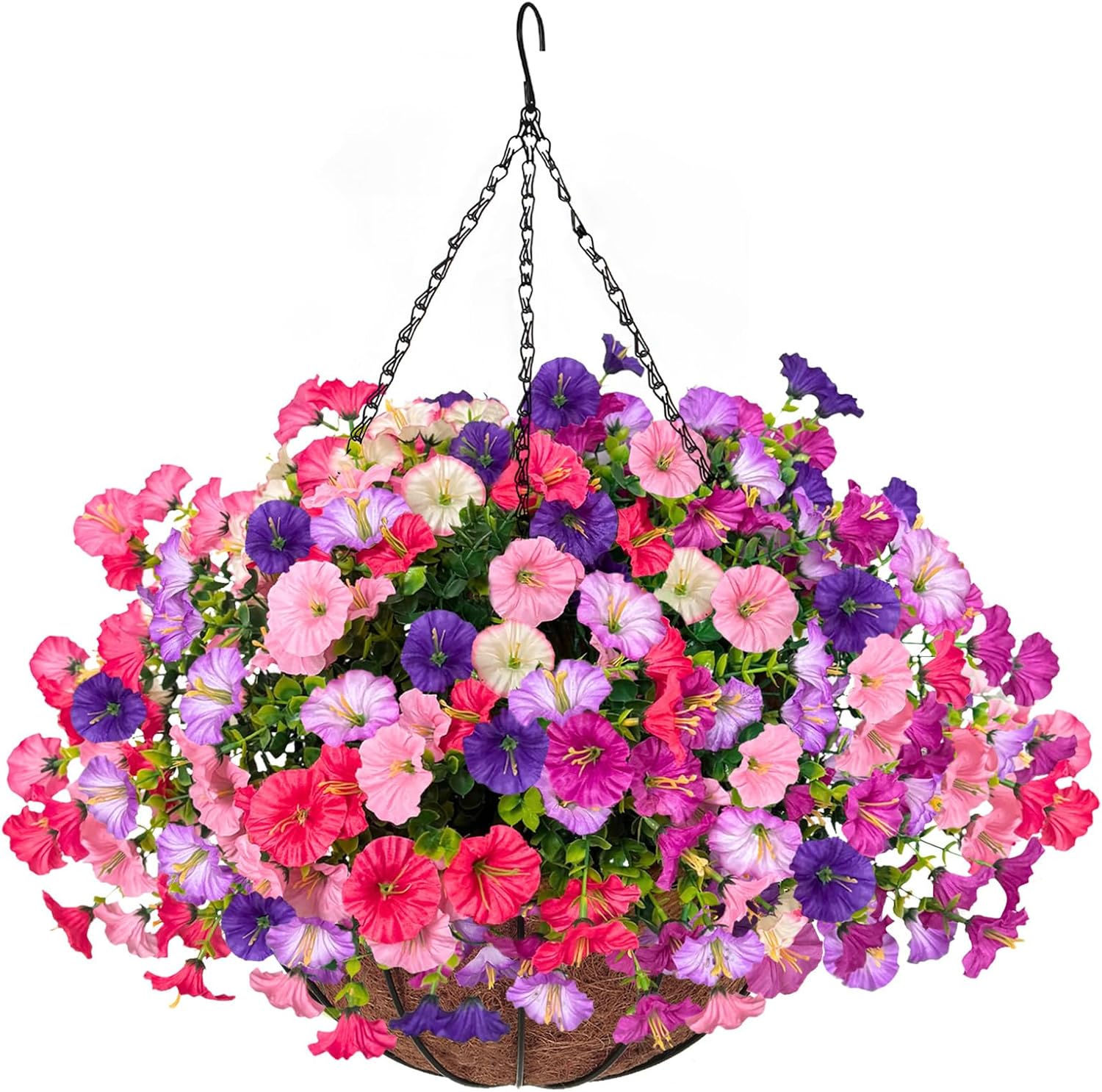 Florielle Artificial Hanging Faux Flowers Basket, Fake Silk Petunias Plants Arrangement,for Spring Summer Outdoor Decoration,UV Resistant, Morning Glorias,for Home Garden Decor (PinkPurple)