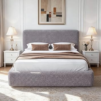 Cloud Queen Bed Frame with Headboard, Soft Boucle Bed Frame Gray | Upholstered Low Platform Bed, Anti-Collision Foam Cushion, Washable Cover, Modern Bedroom & Apartment, No Box Spring Needed