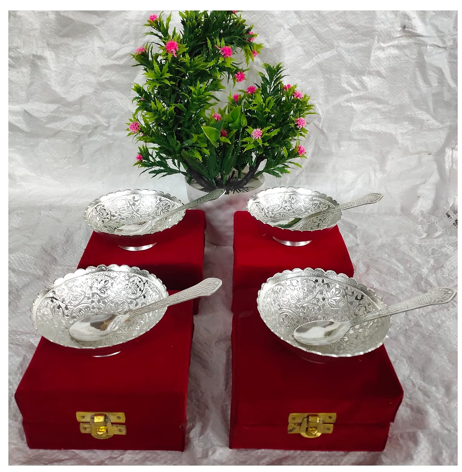Buy Silver Plated Aluminium Serving Bowl Set with Spoon Comes in a