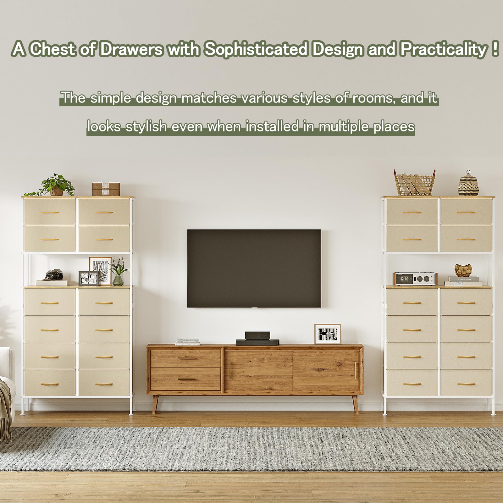 Mintnook Ladekast met 12 laden, Opbergkist met Open Middenontwerp, Hoge Ladekast voor Slaapkamer, Stoffen Dressoir, Metalen Frame, Wit