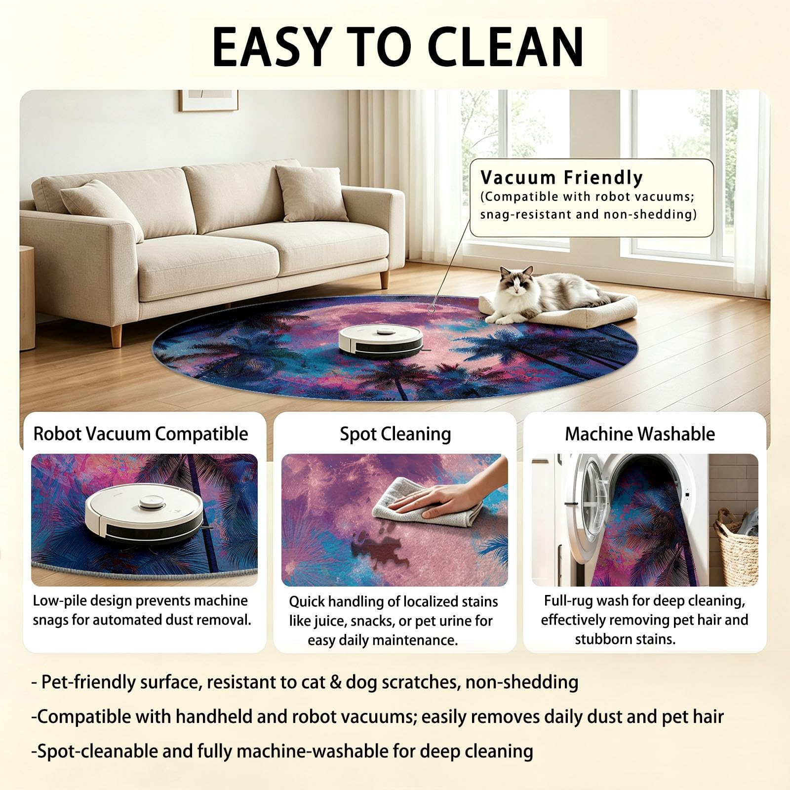 Tapis Rond 150 cm, Tapis Psychédélique Lune Étoiles Arbres Lavable en Machine pour Salon - Cercle antidérapant - Multicolore imprimé pour Salle à Manger Chambre d’Enfant nurserie