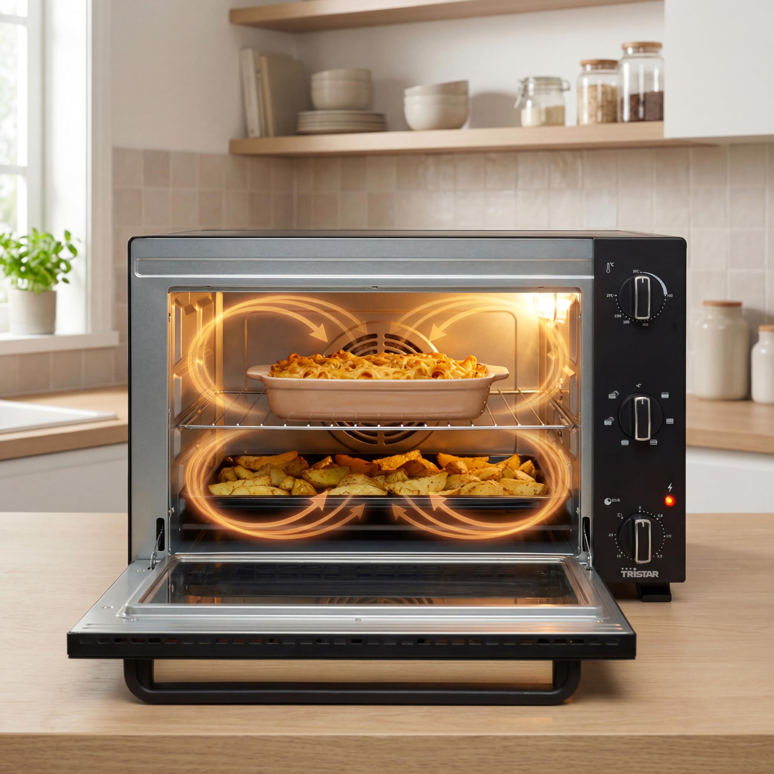 Tristar Forno a Convezione 48 L, 1800 W, Ventilato con 6 Programmi, Timer 90 Minuti, Porta Doppio Vetro, Luce Interna, Teglia e Griglia, OV-3665