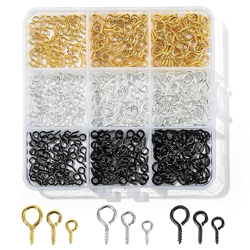 450pcs Small Screw Pins Eye Pins, 3 Color Eye Hooks Screw for Jewelry Making & Bead Charms, Eye Screws for Art Projects, Eye Hooks for Crafts (Gold Silver Balck, 3 Sizer)