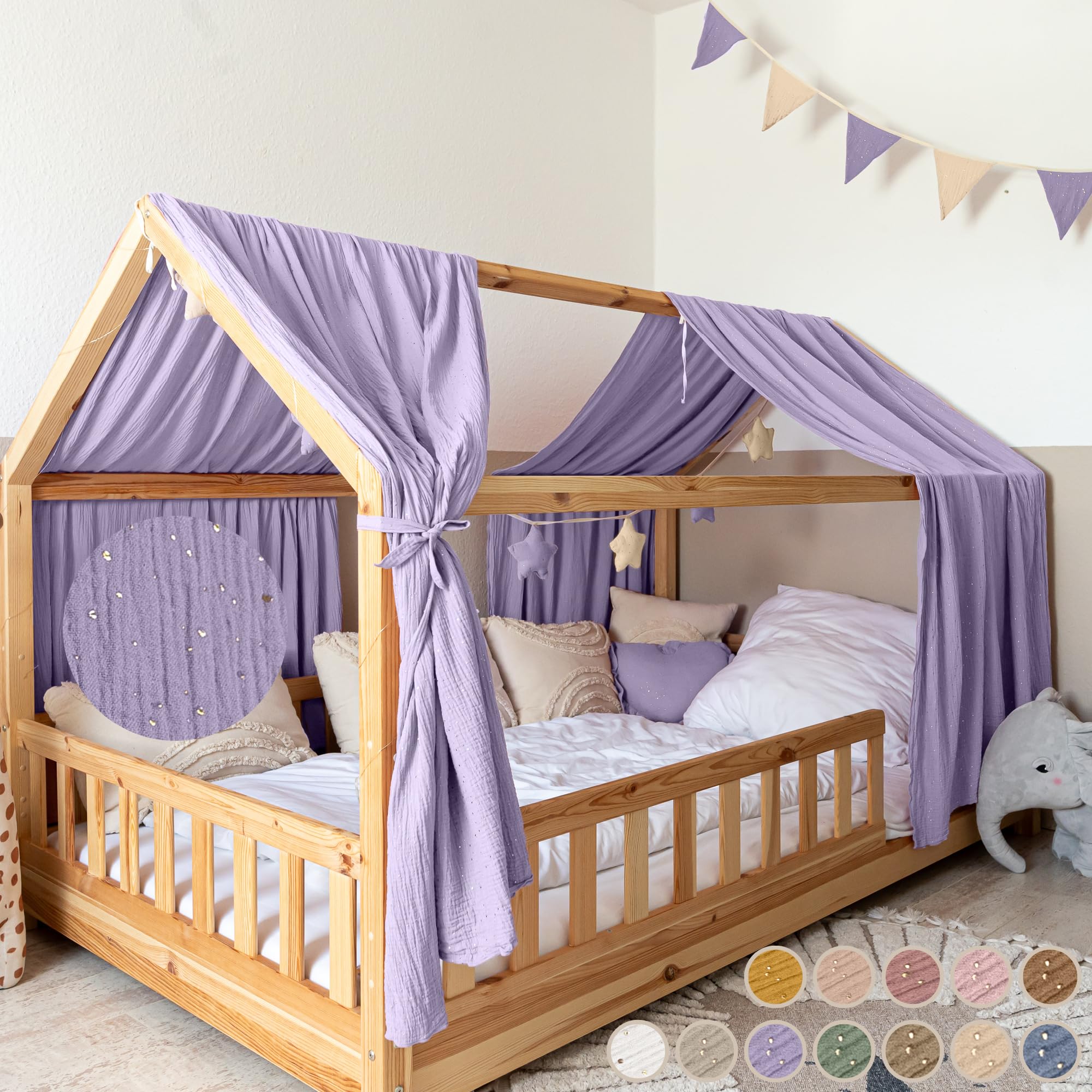 lilimaus Ciel de lit avec application dorée [en 12 couleurs] Ciel de lit en mousseline 100 % coton – Ciel de lit décoratif pour lit de maison fille et garçon – Ciel pour lit de maison, rideau
