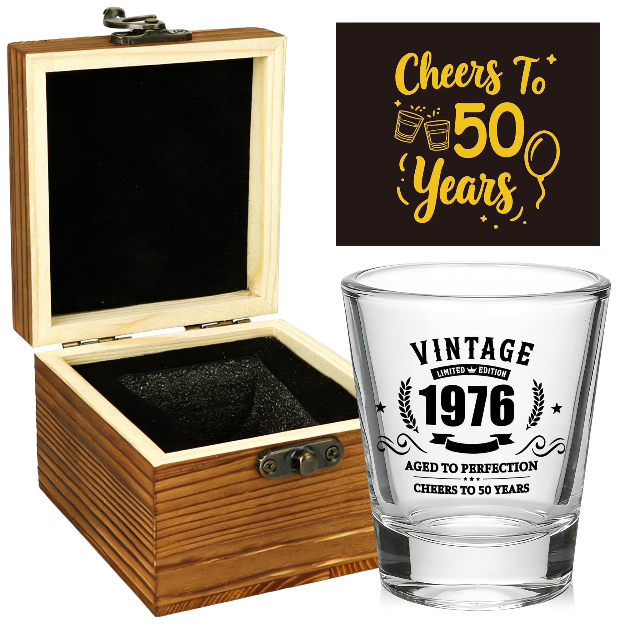 50th Birthday Gifts for Men, 1976 Whisky Glass Set, Wooden Box & Card