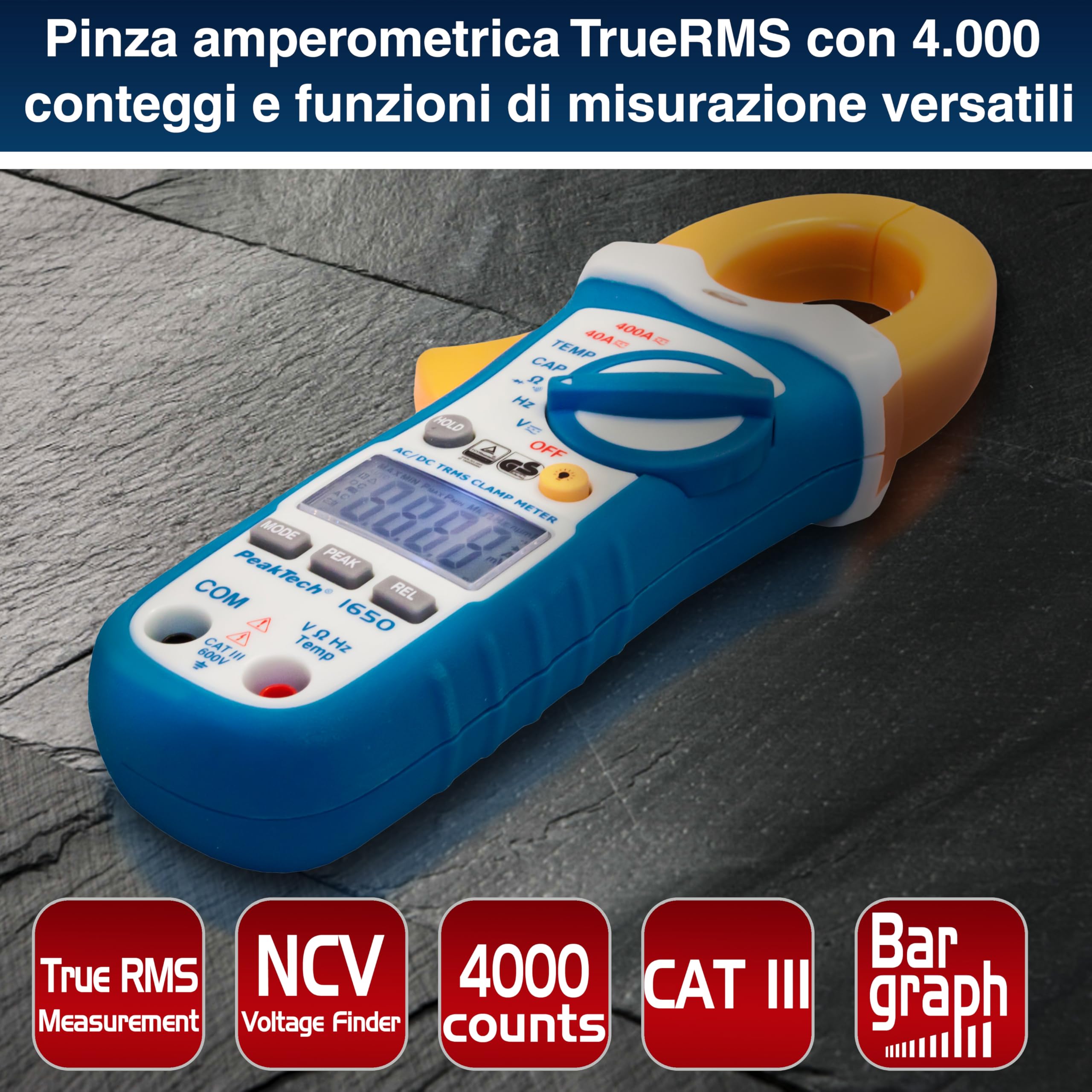 PeakTech 1650 – Morsetti con vero RMS AC/DC 400A, 4000 conteggi, Multimetro digitale, Voltmetro senza contatto, Amperometro, Tester di continuità - Max. 600 V