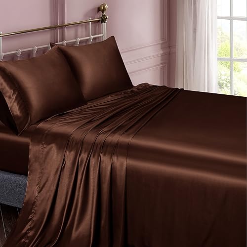 Miniatura 2 de Vonty Juego de sábanas de satén suaves y sedosas tamaño Queen, 1 sábana bajera de bolsillo profundo + 1 sábana encimera + 2 fundas de almohada