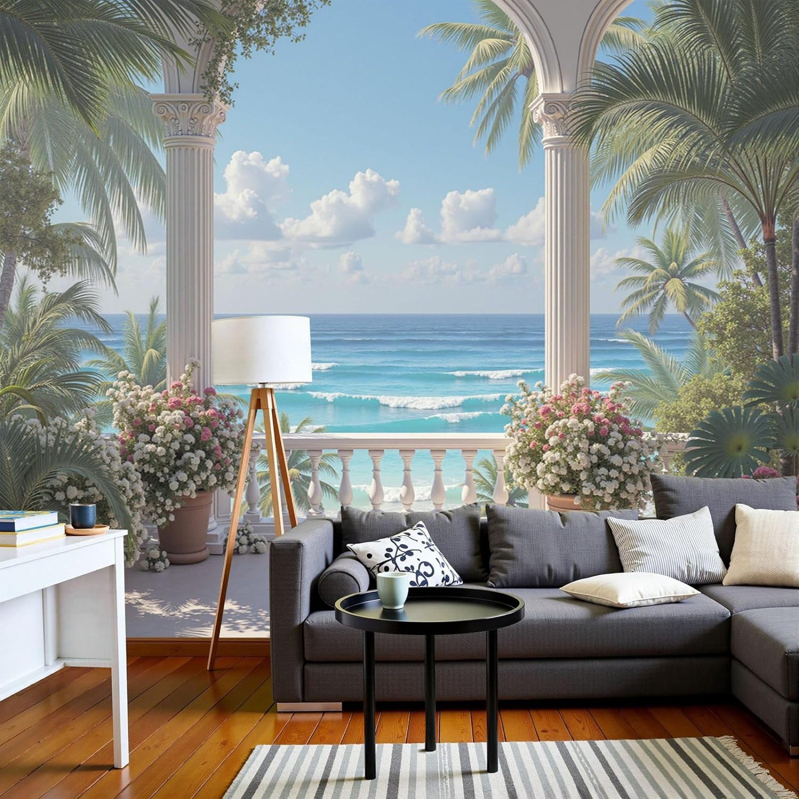 Tropical Palm Tree Photo Wallpaper - Balcony Sea View Wall Decor Modern Blue Non-woven for Living Room Bedroom Children's Room Wall Decor, 300cm x 210cm Stickers - Frameless Painting - Poster